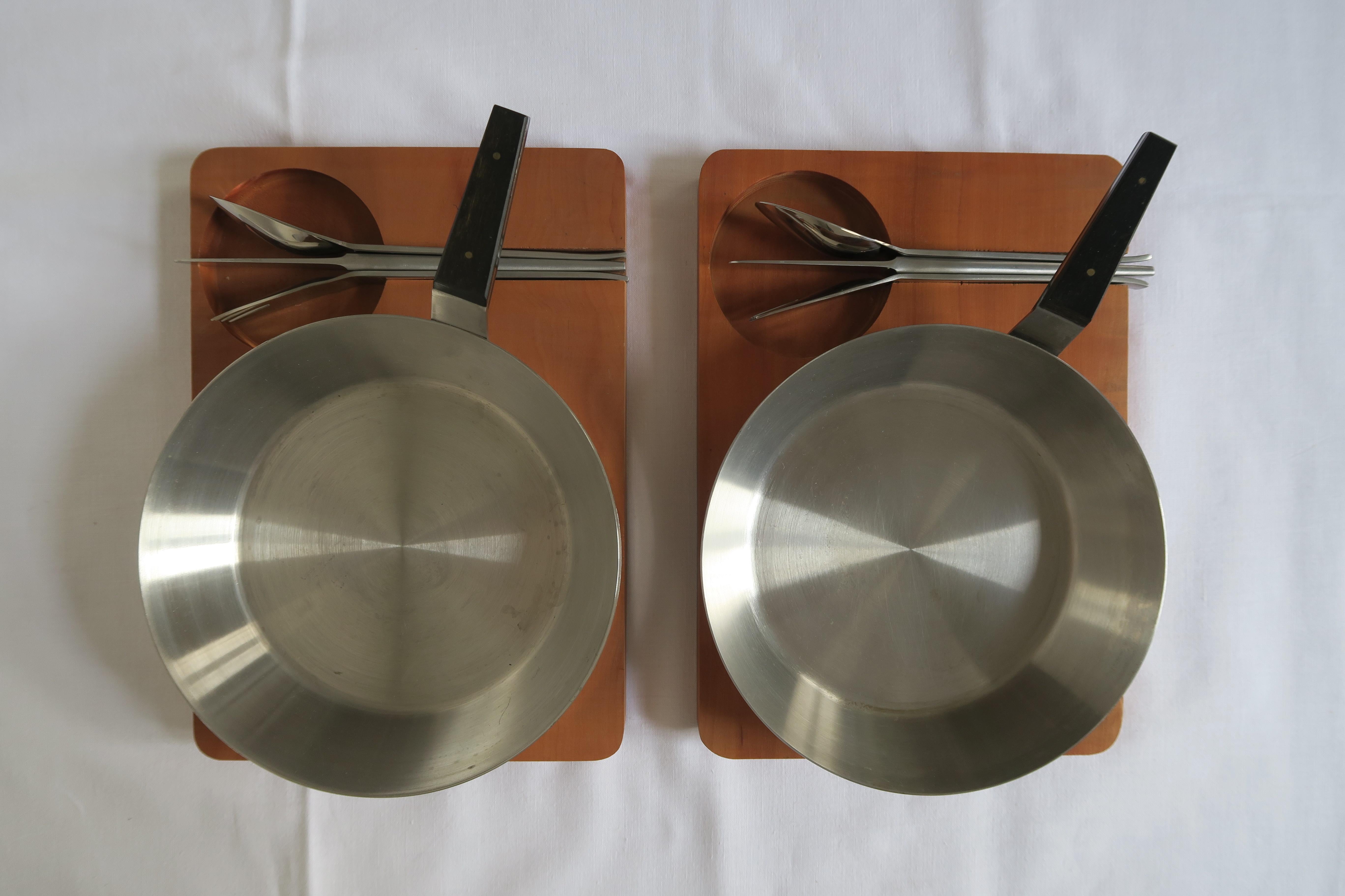 Set of Two Serving Trays with Stainless Steel Pans and Cutlery by Carl Auböck For Sale 6