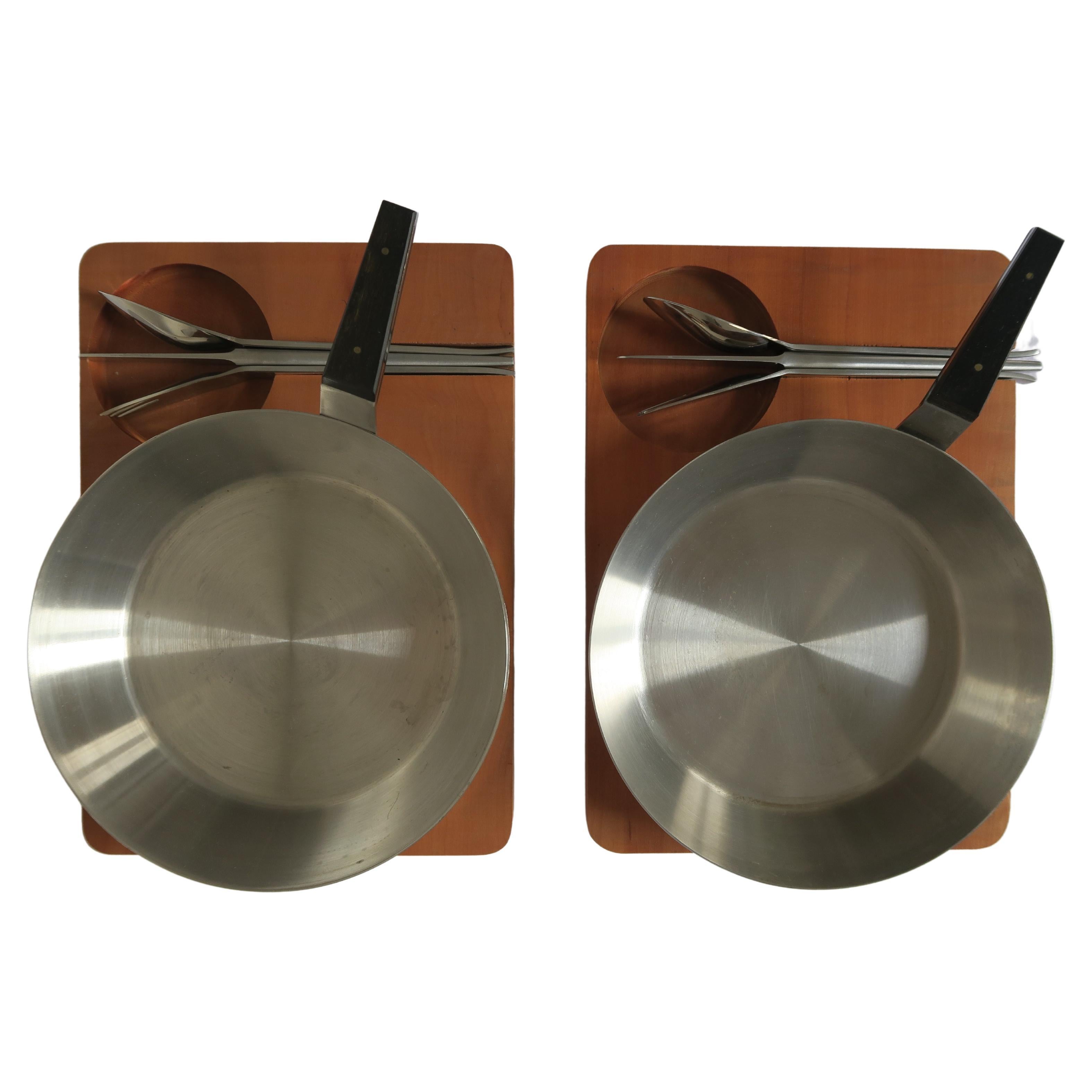 Set of Two Serving Trays with Stainless Steel Pans and Cutlery by Carl Auböck For Sale
