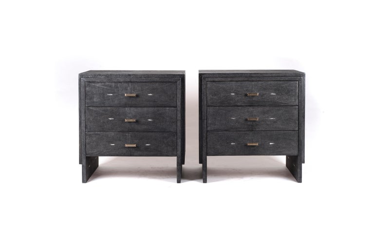 Set of Two Shagreen Nightstands with Beveled Drawers by R&Y Augousti