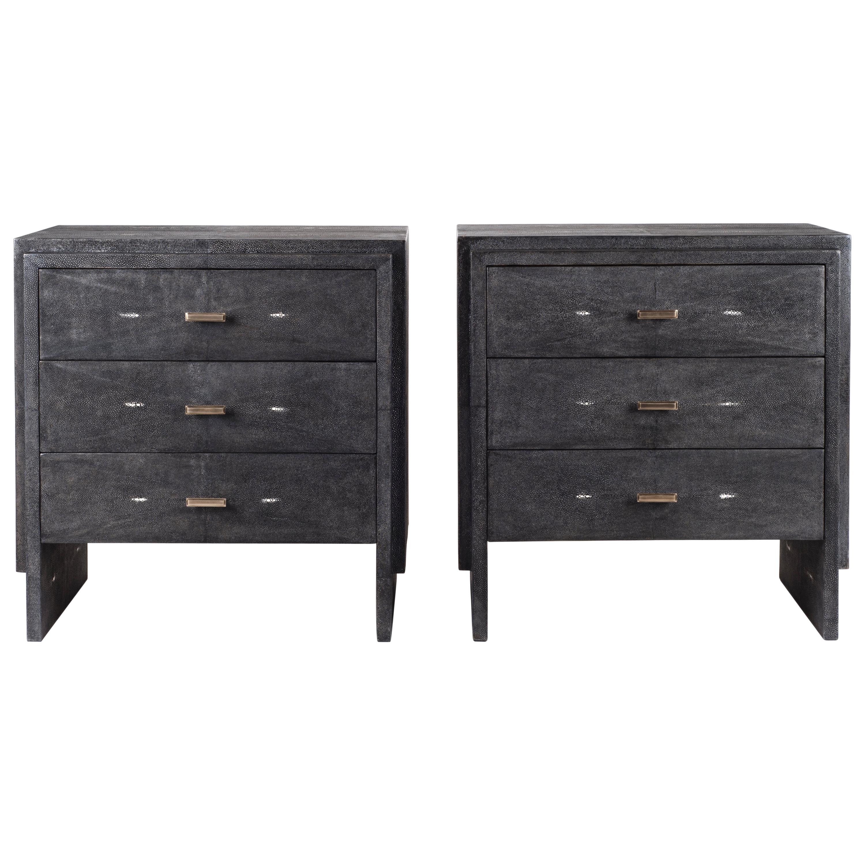 Set of Two Shagreen Nightstands with Beveled Drawers by R&Y Augousti