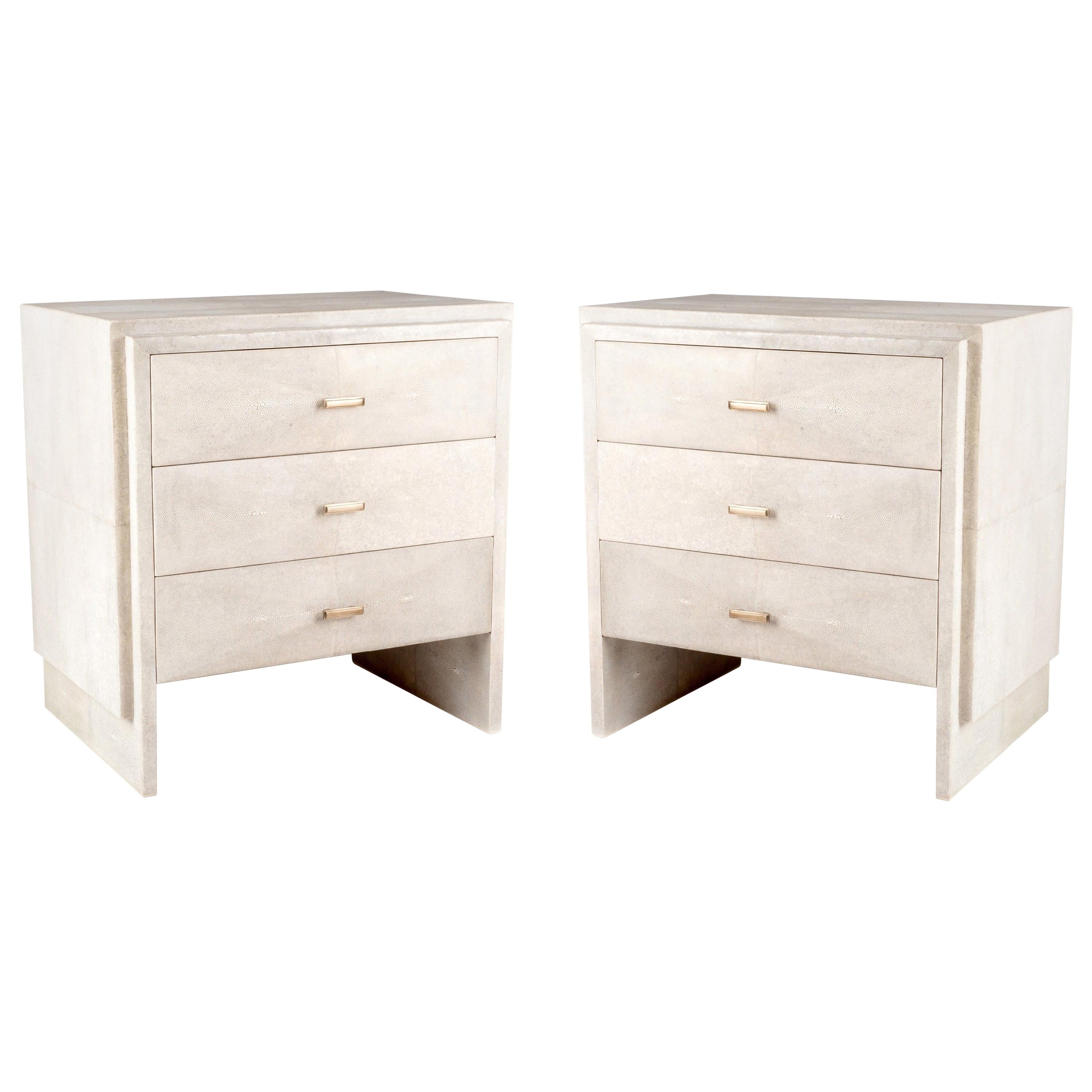 Set of Two Shagreen Nightstands with Beveled Drawers by R&Y Augousti For Sale