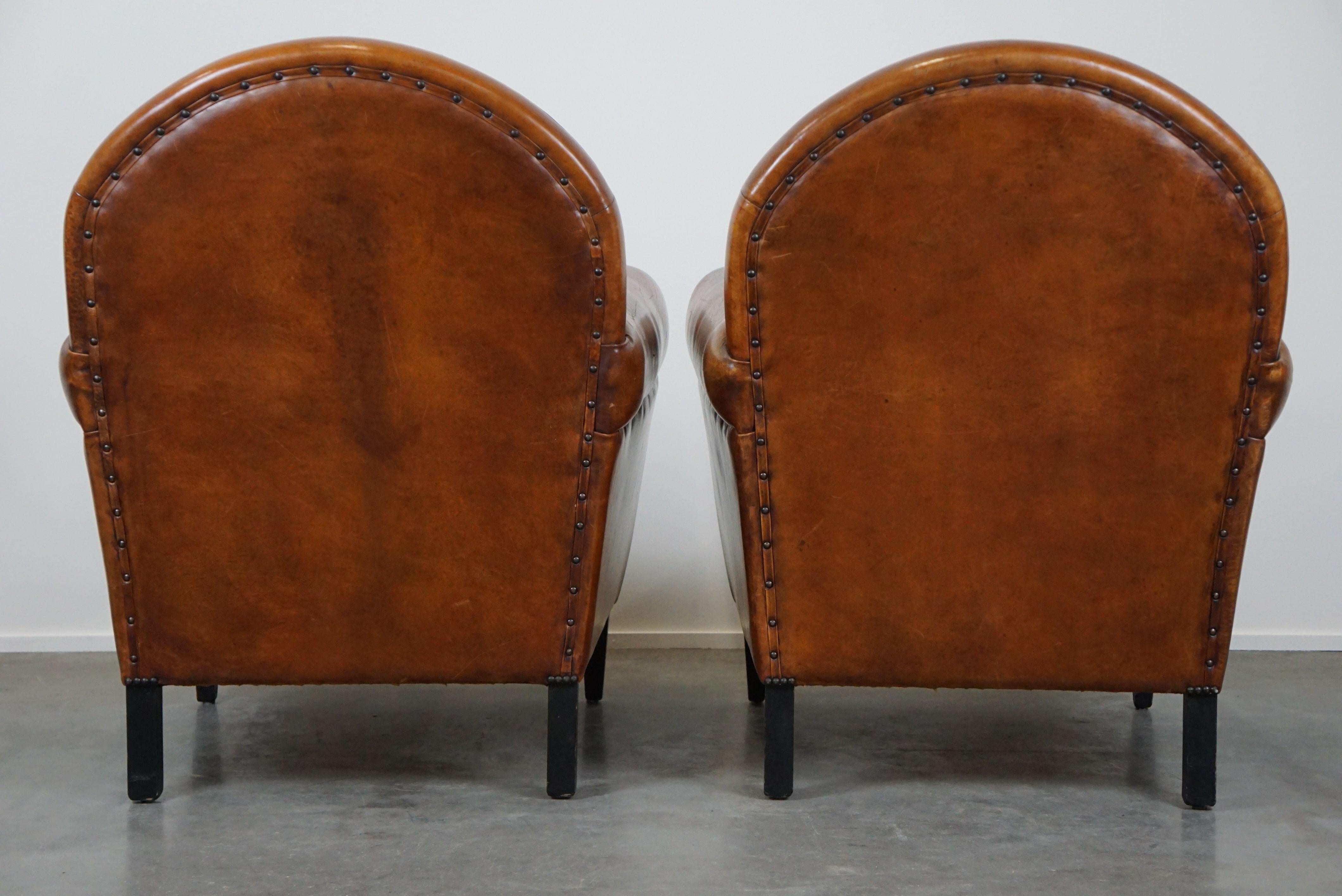 Set of two sheep leather Art Deco style design armchairs with a beautiful patina In Good Condition For Sale In Harderwijk, NL