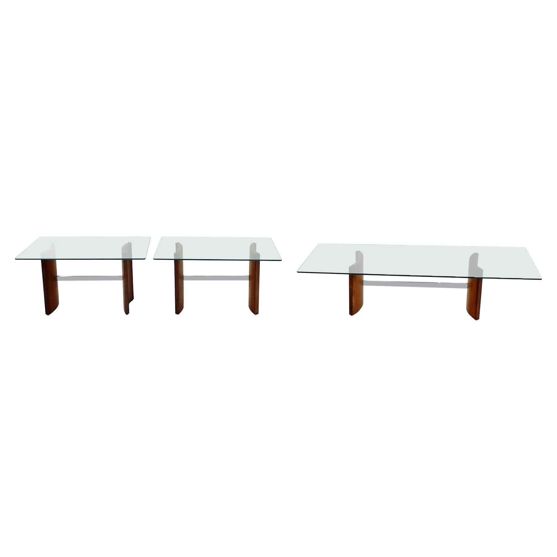 Set of Two Side Tables and Coffee Table, Walnut, Chrome, Glass