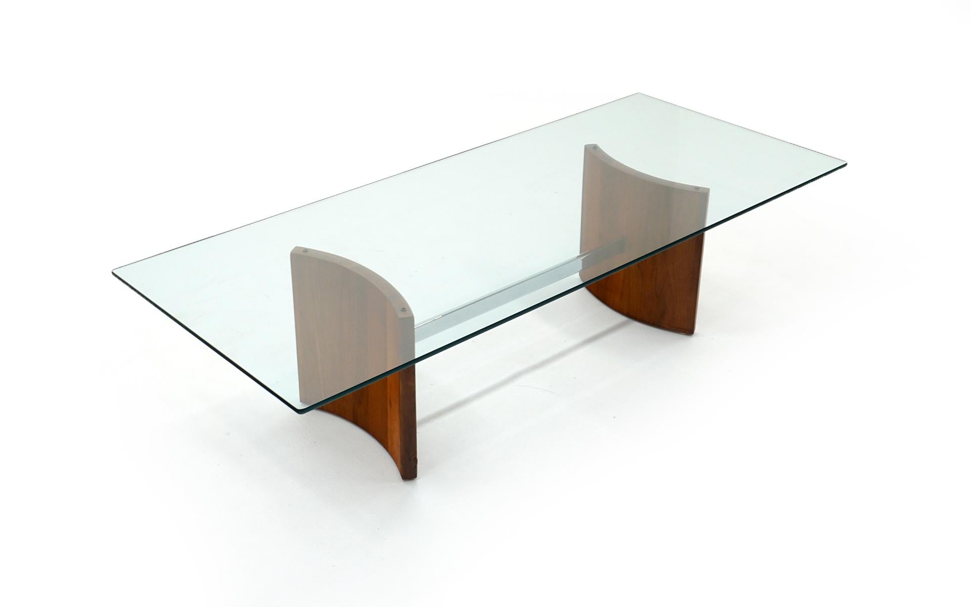 Mid-Century Modern Set of Two Side Tables and Coffee Table, Walnut, Chrome, Glass