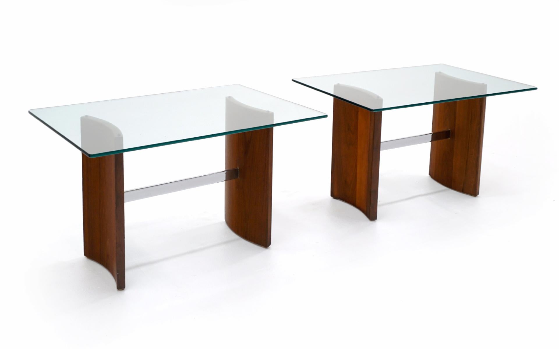 American Set of Two Side Tables and Coffee Table, Walnut, Chrome, Glass