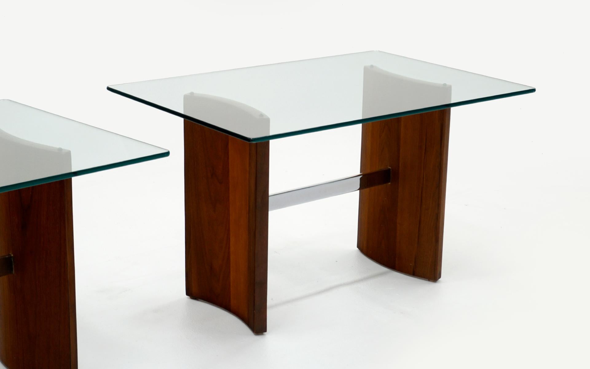 Set of Two Side Tables and Coffee Table, Walnut, Chrome, Glass In Good Condition In Kansas City, MO