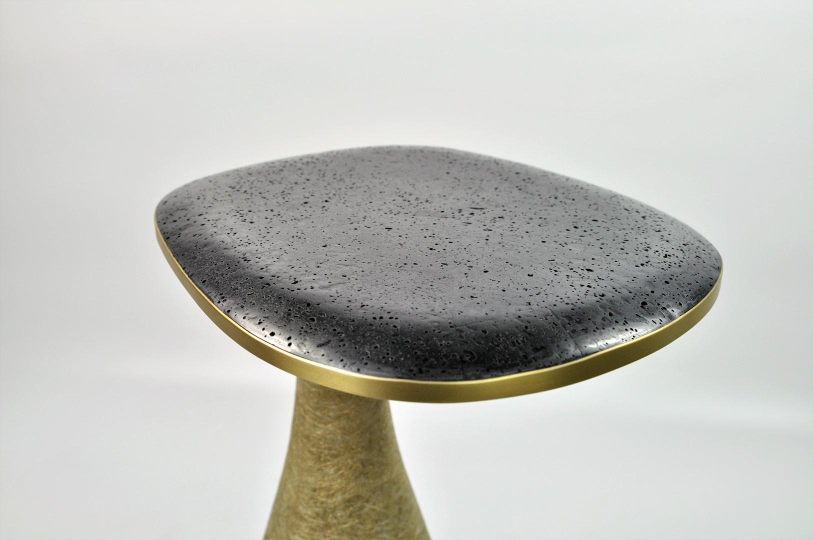 Organic Modern Set of Two Side Tables in Lava Stone with a Gilded Base