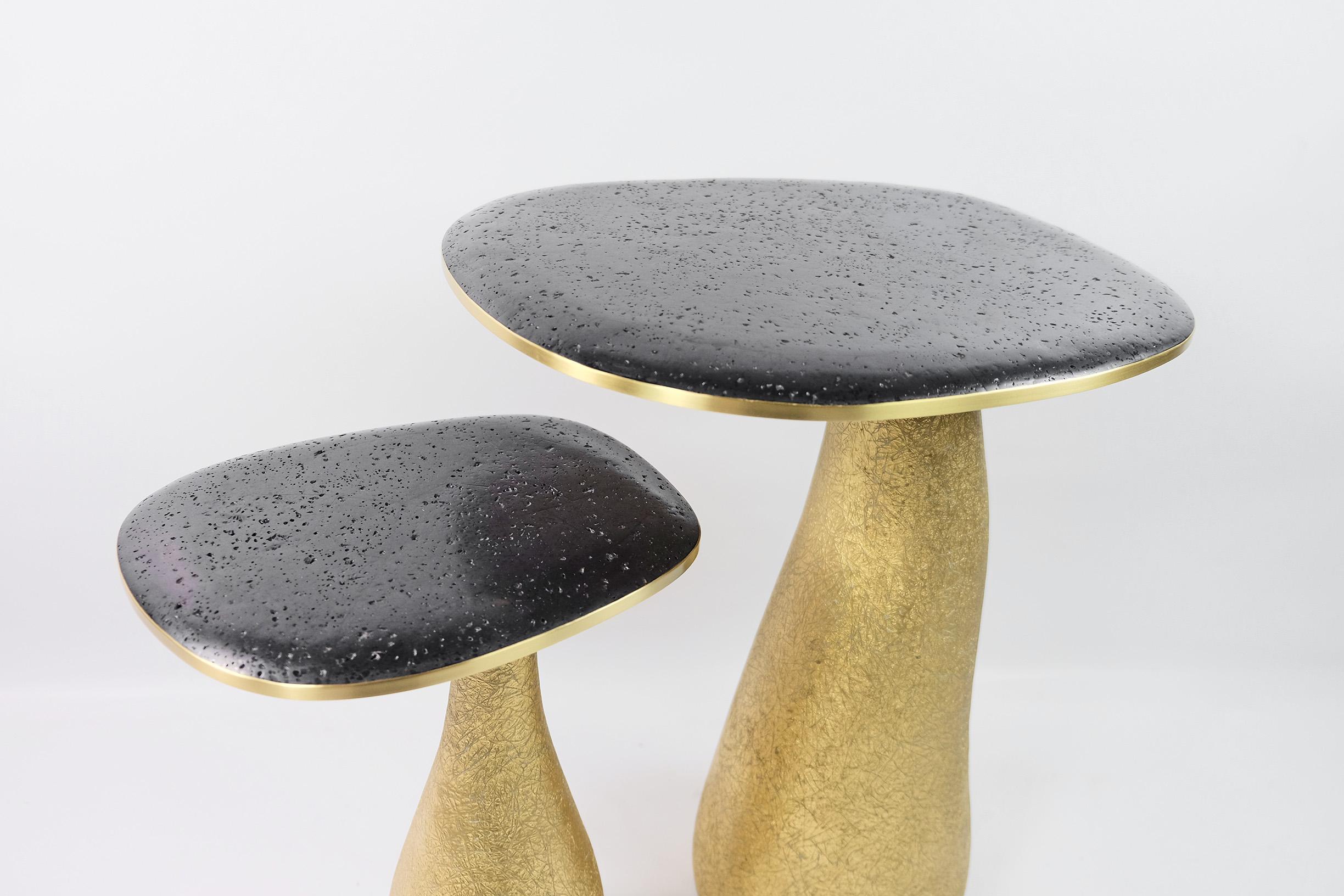 Contemporary Set of Two Side Tables in Lava Stone with a Gilded Base