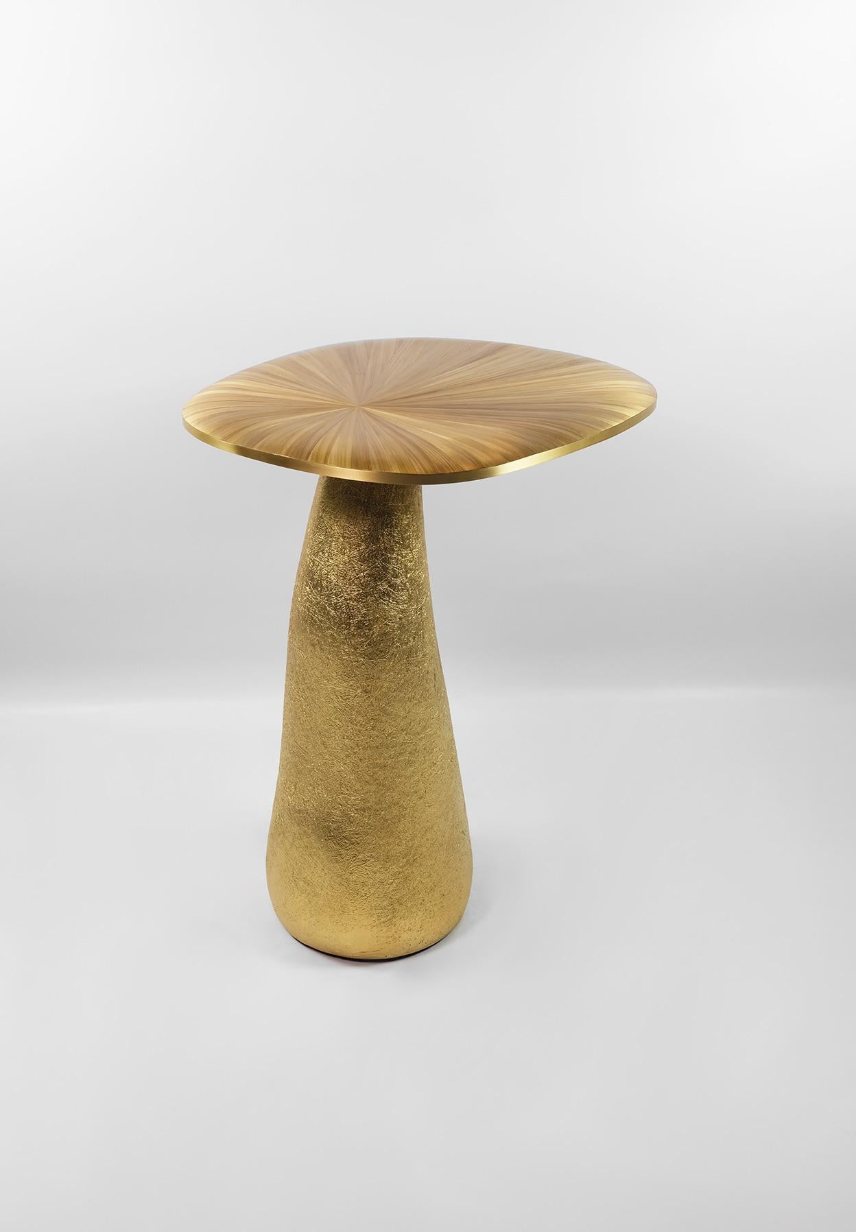 French Set of Two Side Tables in Straw Marquetry with a Gilded Base by Ginger Brown For Sale