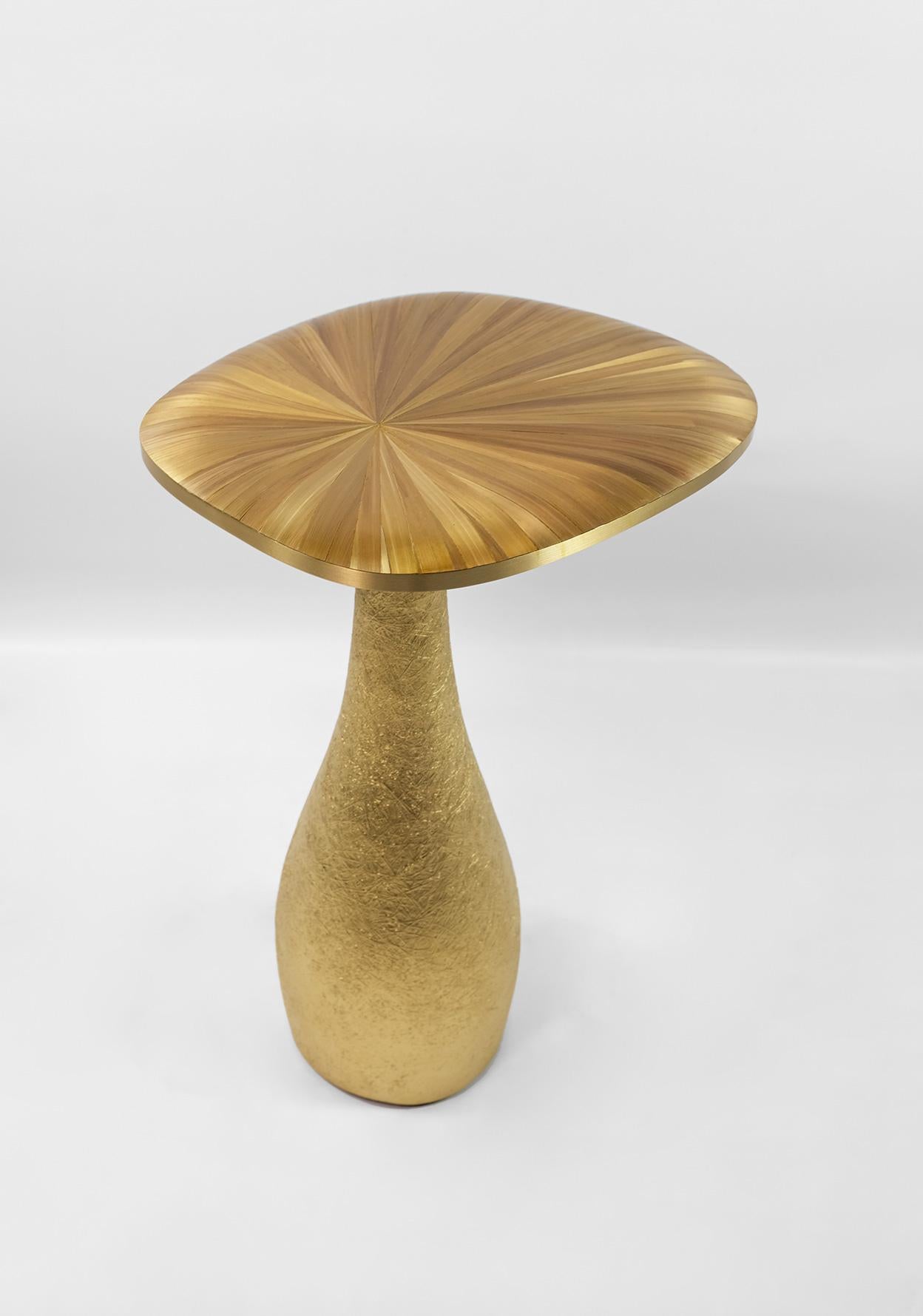 Contemporary Set of Two Side Tables in Straw Marquetry with a Gilded Base by Ginger Brown For Sale