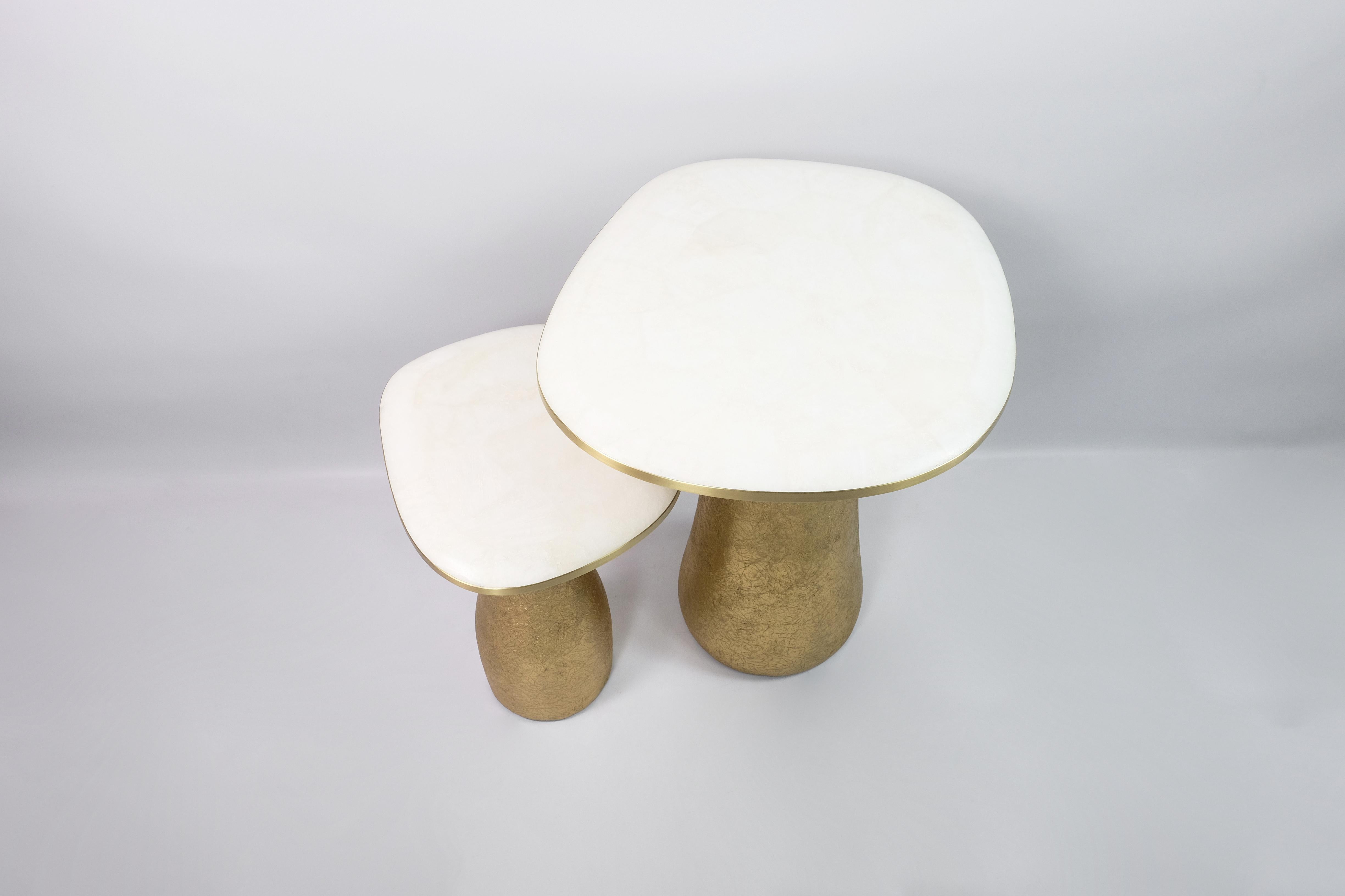 Contemporary Set of Two Side Tables in White Rock Crystal with a Gilded Base For Sale