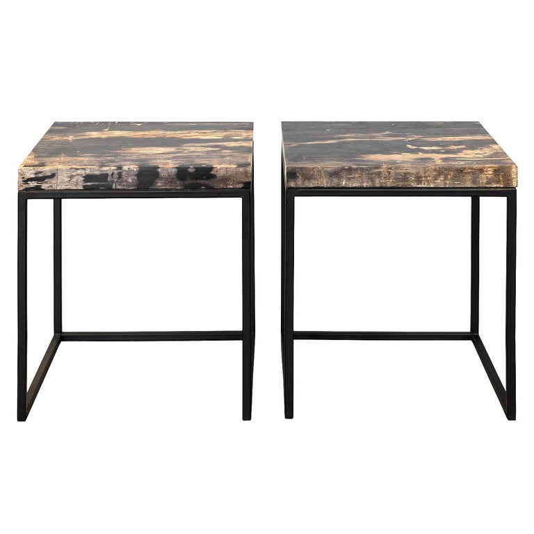 Set of Two Side Tables with Petrified Wood Tabletops from Indonesia For Sale