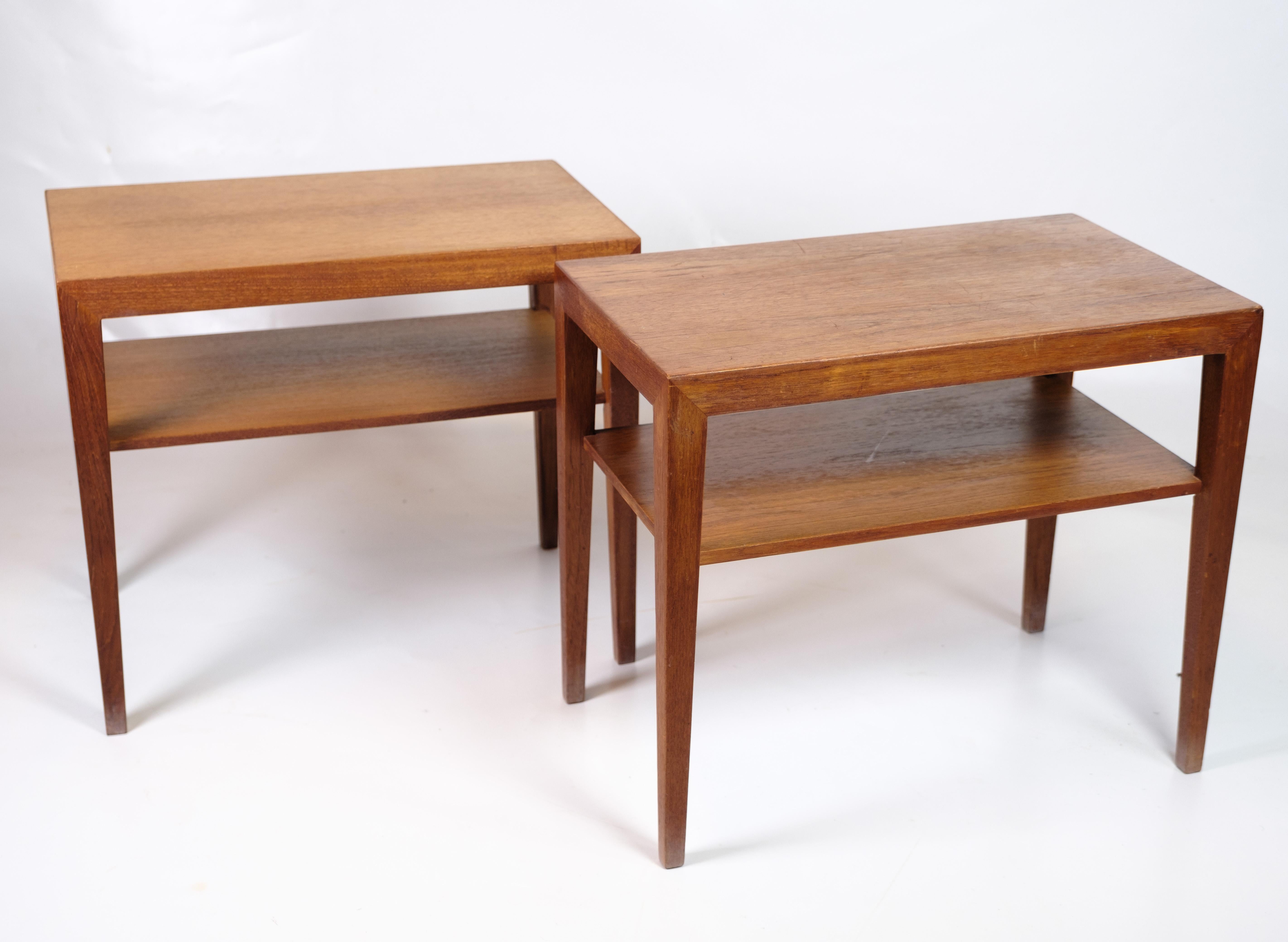 Mid-Century Modern Set Of Two Side Tables With Shelf Made In Teak By Severin Hansen From 1960s For Sale