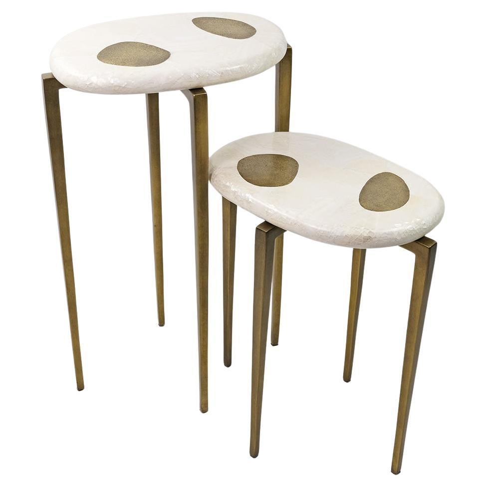 Set of two Sides Tables in White Marquetry and Textured Brass by Ginger Brown