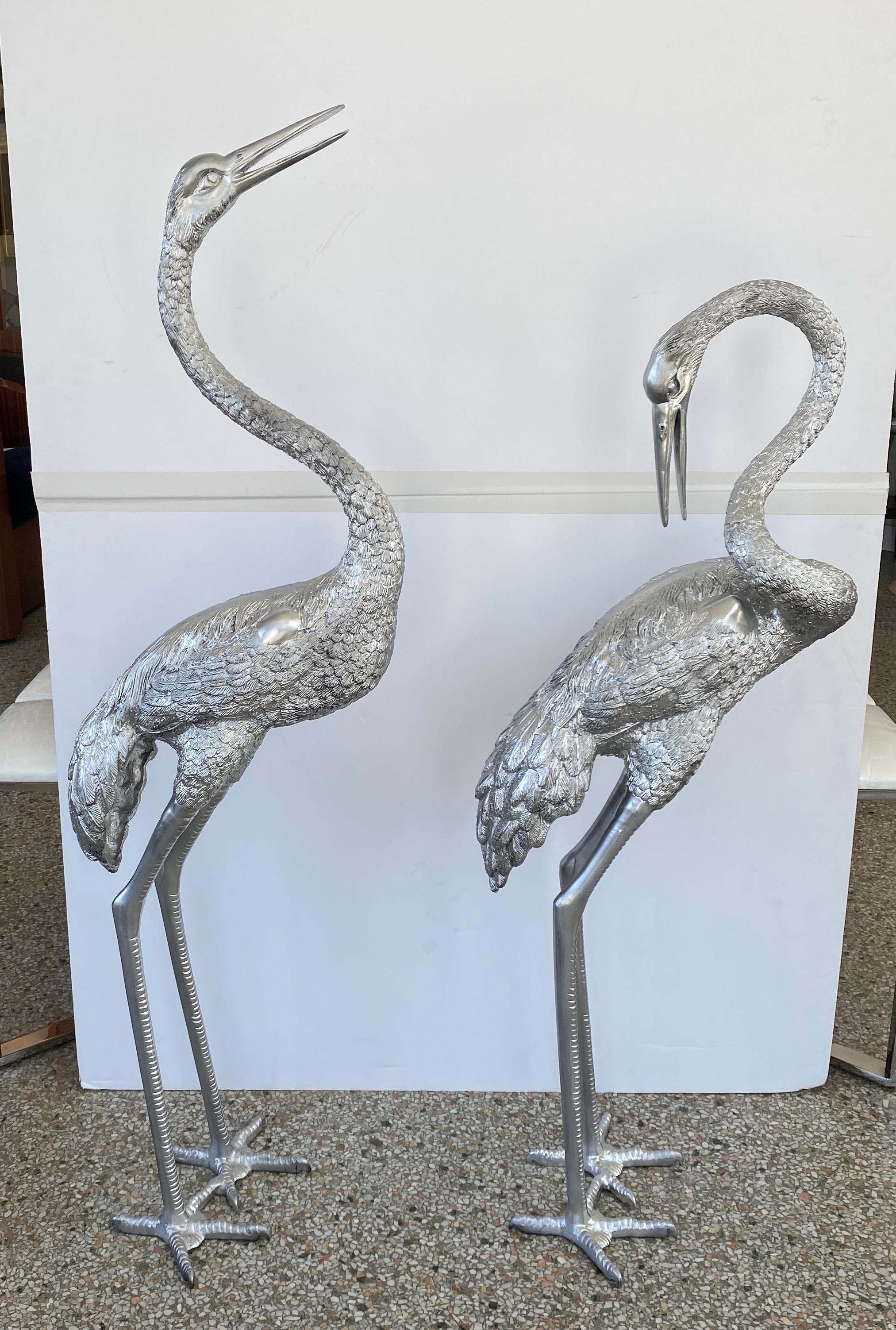 Hollywood Regency Set of Two Silver Crane Sculptures