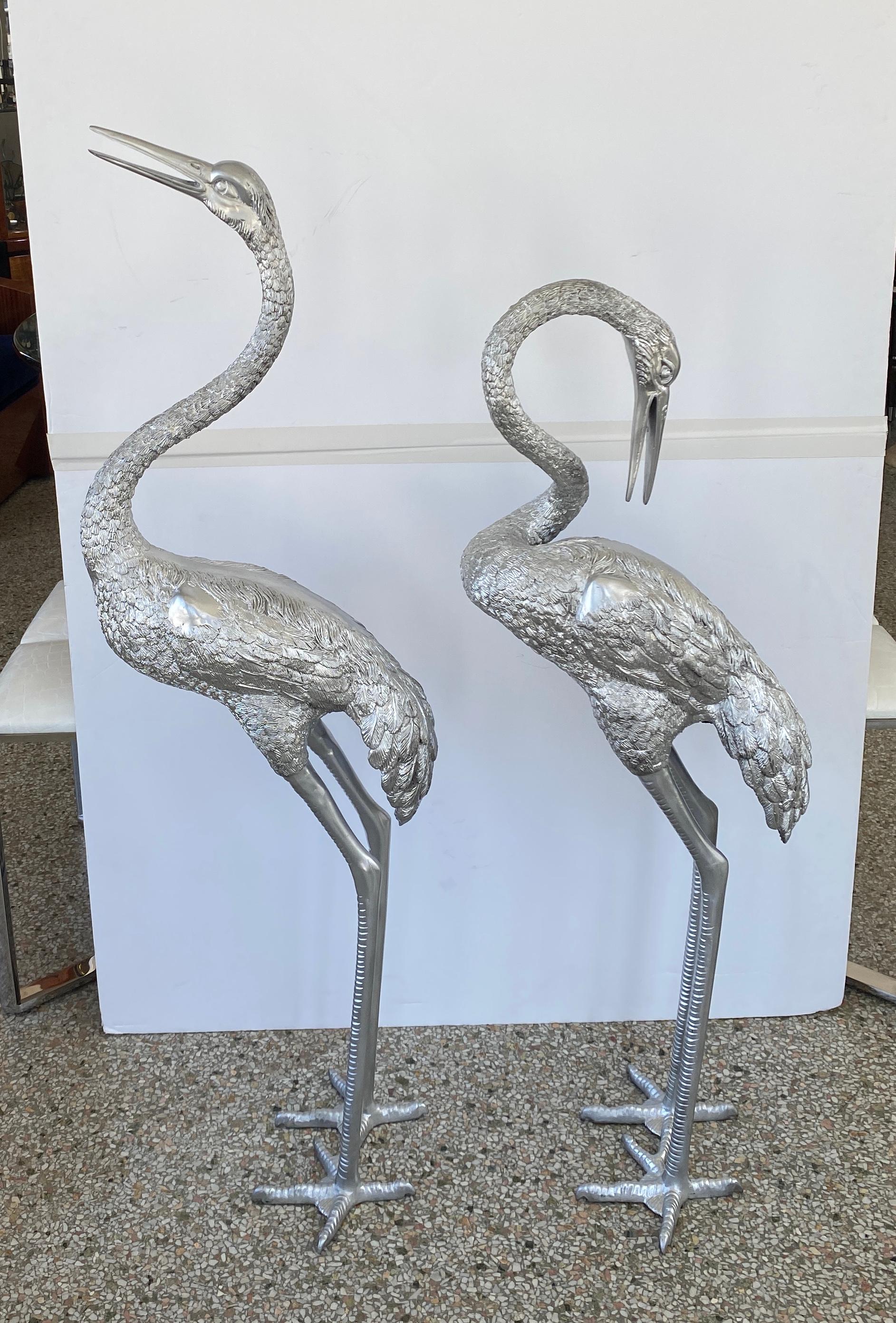 Hand-Painted Set of Two Silver Crane Sculptures