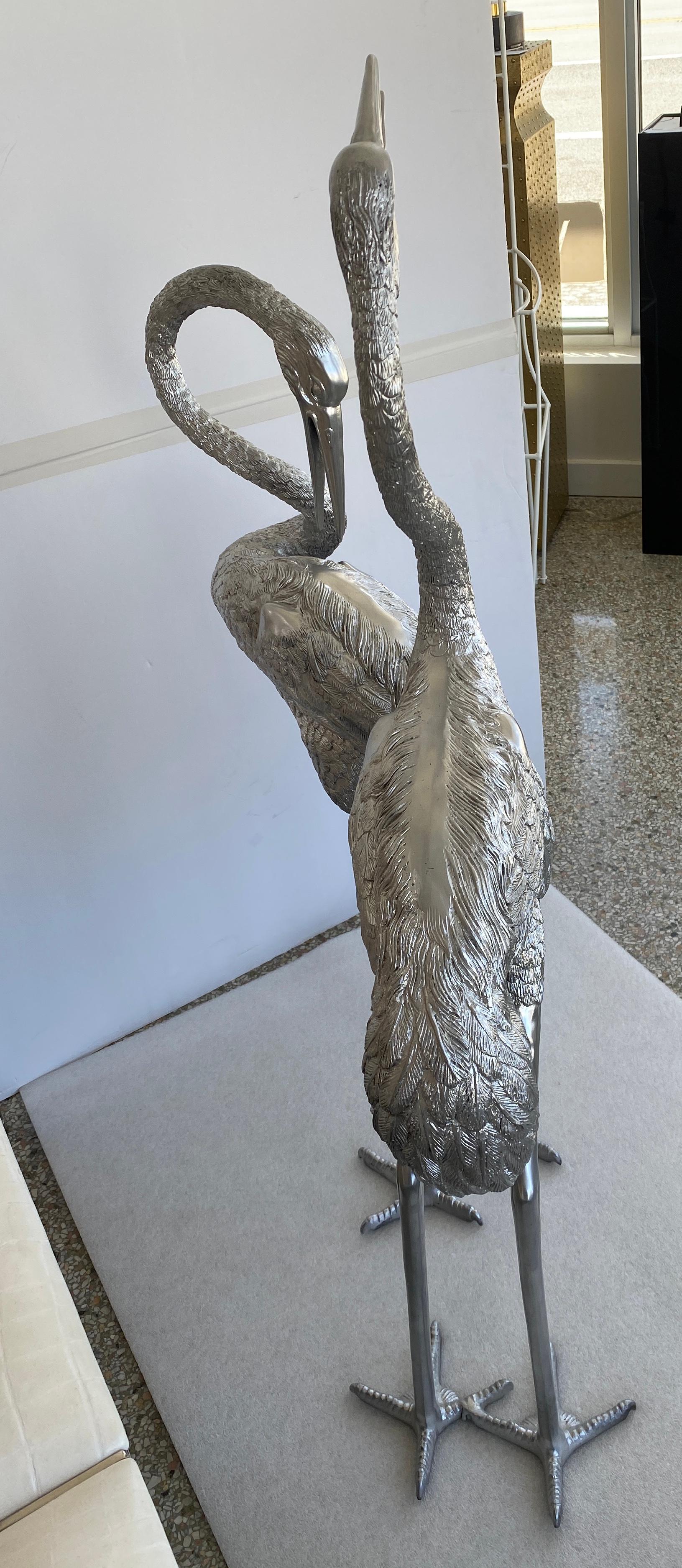 Brass Set of Two Silver Crane Sculptures