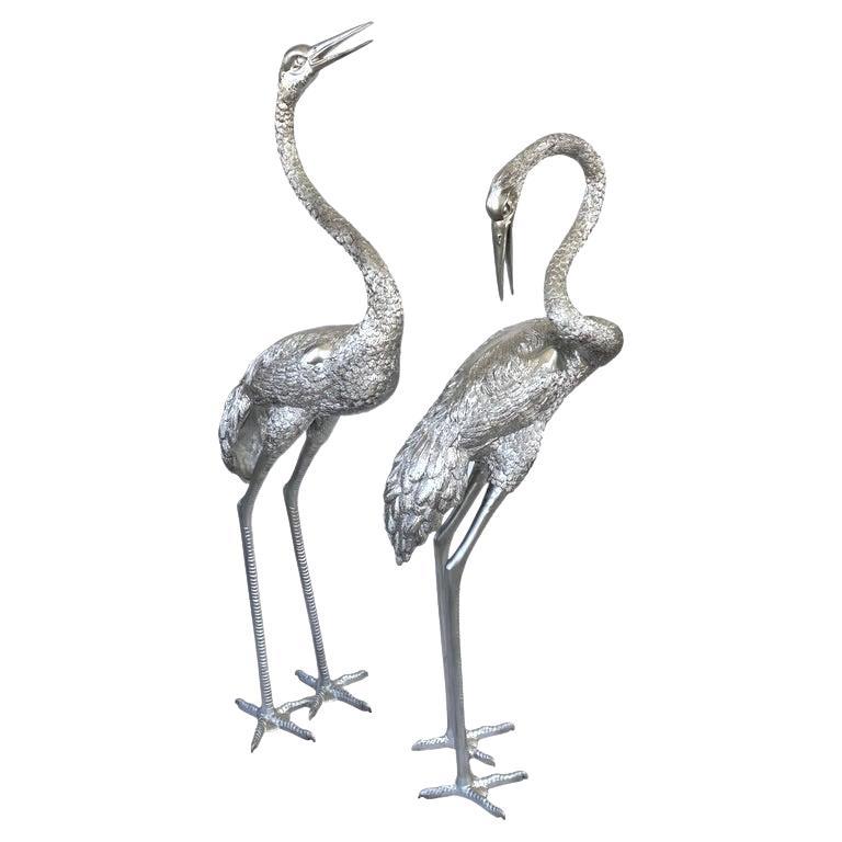 Set of Two Silver Crane Sculptures