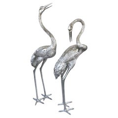 Set of Two Silver Crane Sculptures