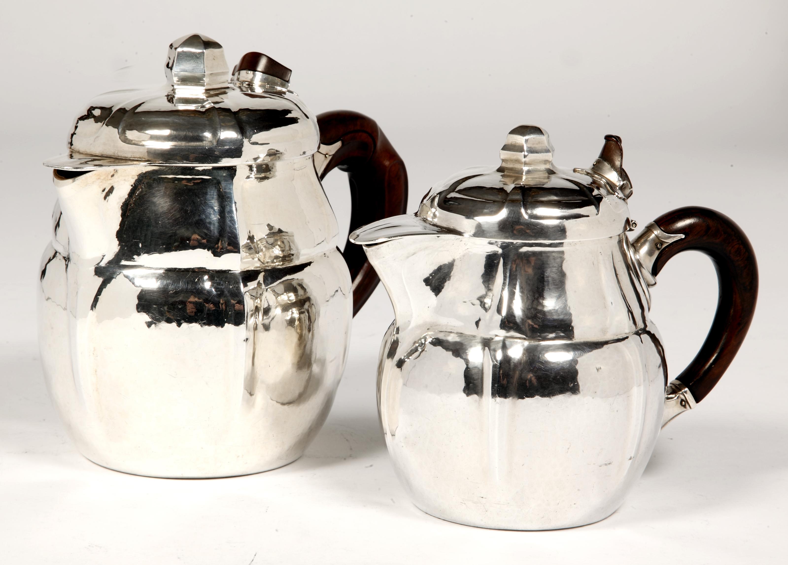 Sterling Silver Set Of Two Silver Teapots By The Goldsmith G.Lecomte XXth For Sale