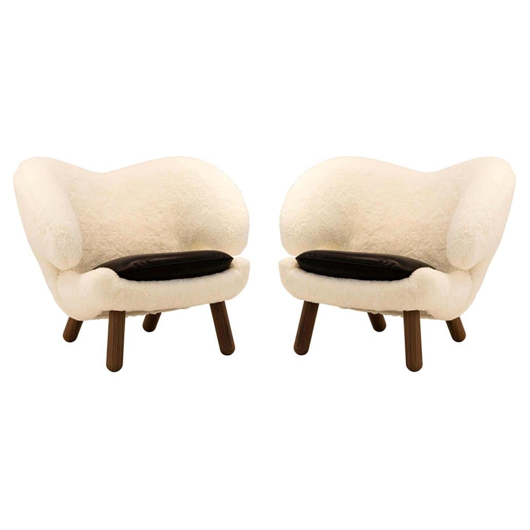 Set of Two Skandilock Sheep, Leather and Wood Pelican Chairs by Finn Juhl 
