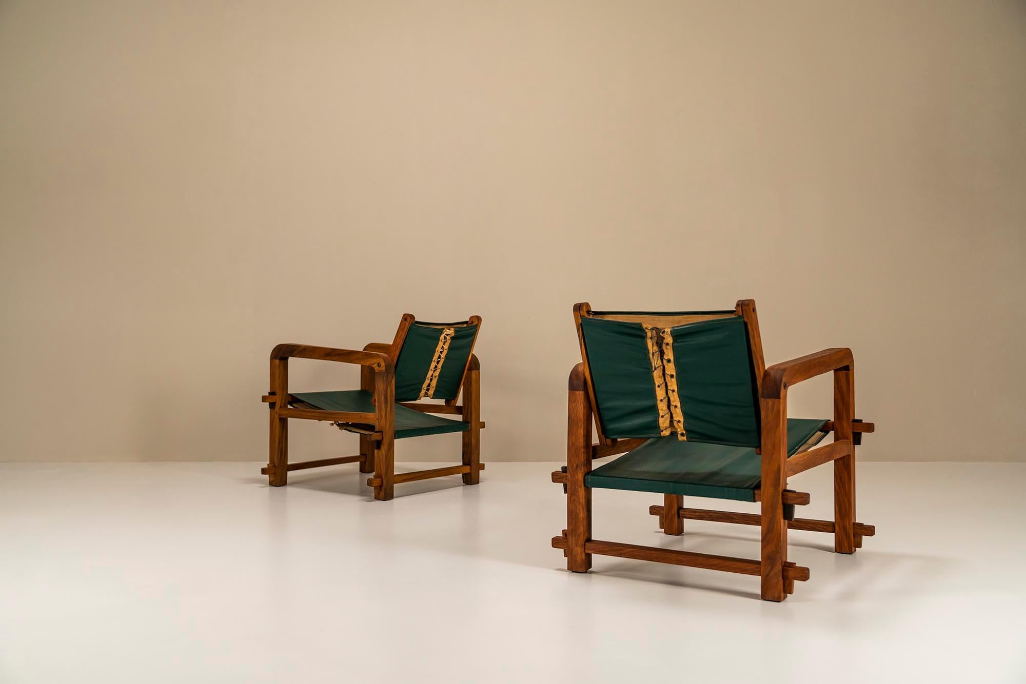 Brazilian Set Of Two Sling Chairs In Mahogany And Leather, Brazil 1960s