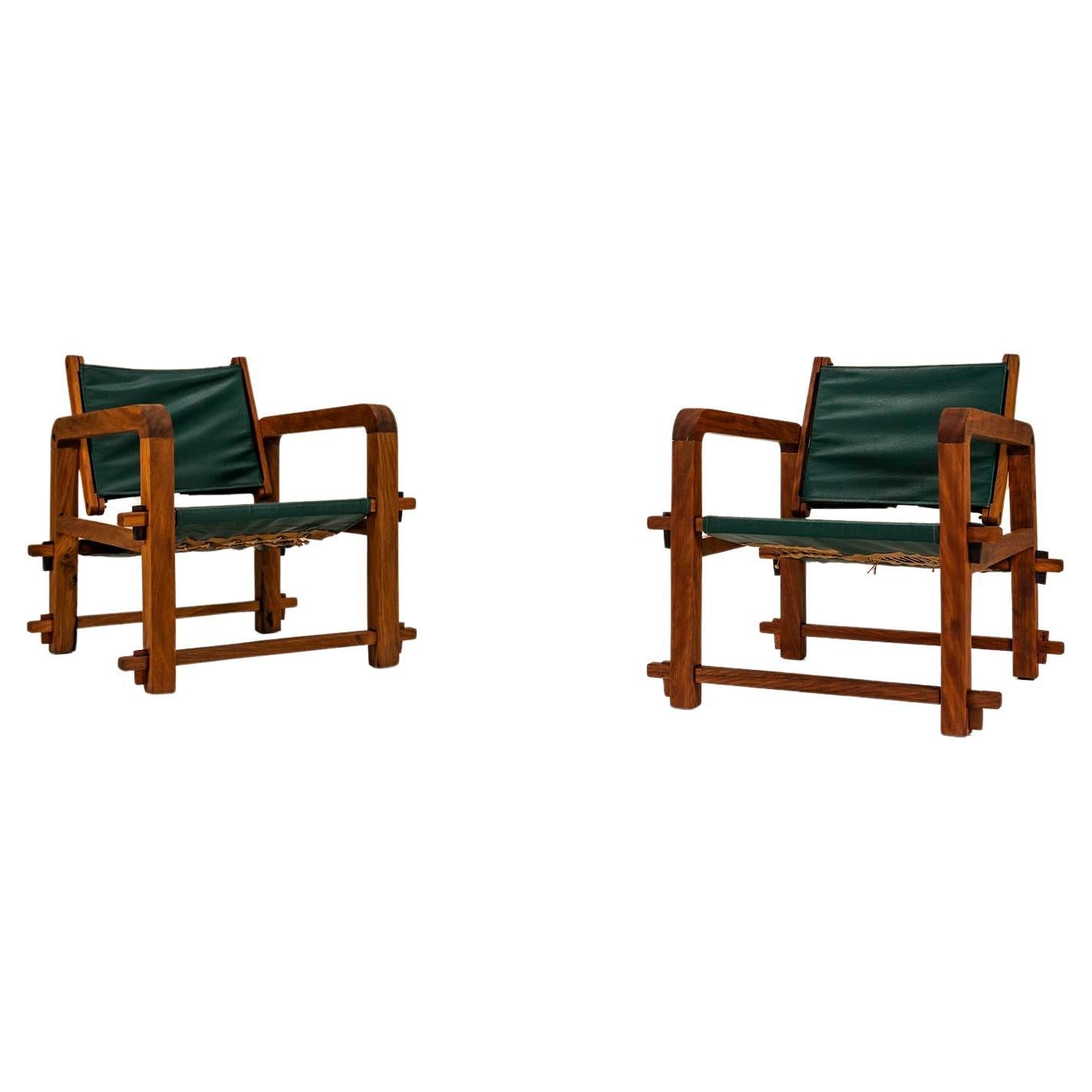 Set Of Two Sling Chairs In Mahogany And Leather, Brazil 1960s