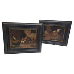 Set of Two Small 19th Century Oil on Canvas Paintings of Chickens and Roosters