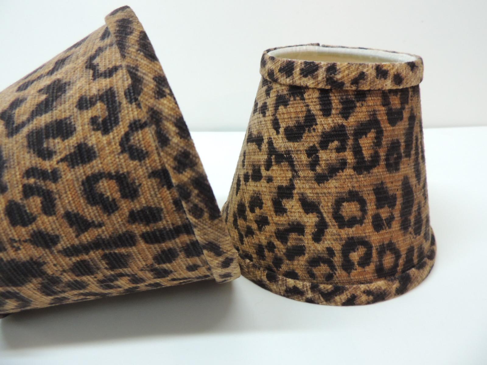 American Set of Two Small Candelabras Leopards Cotton Fabric Woven Lamp Shades