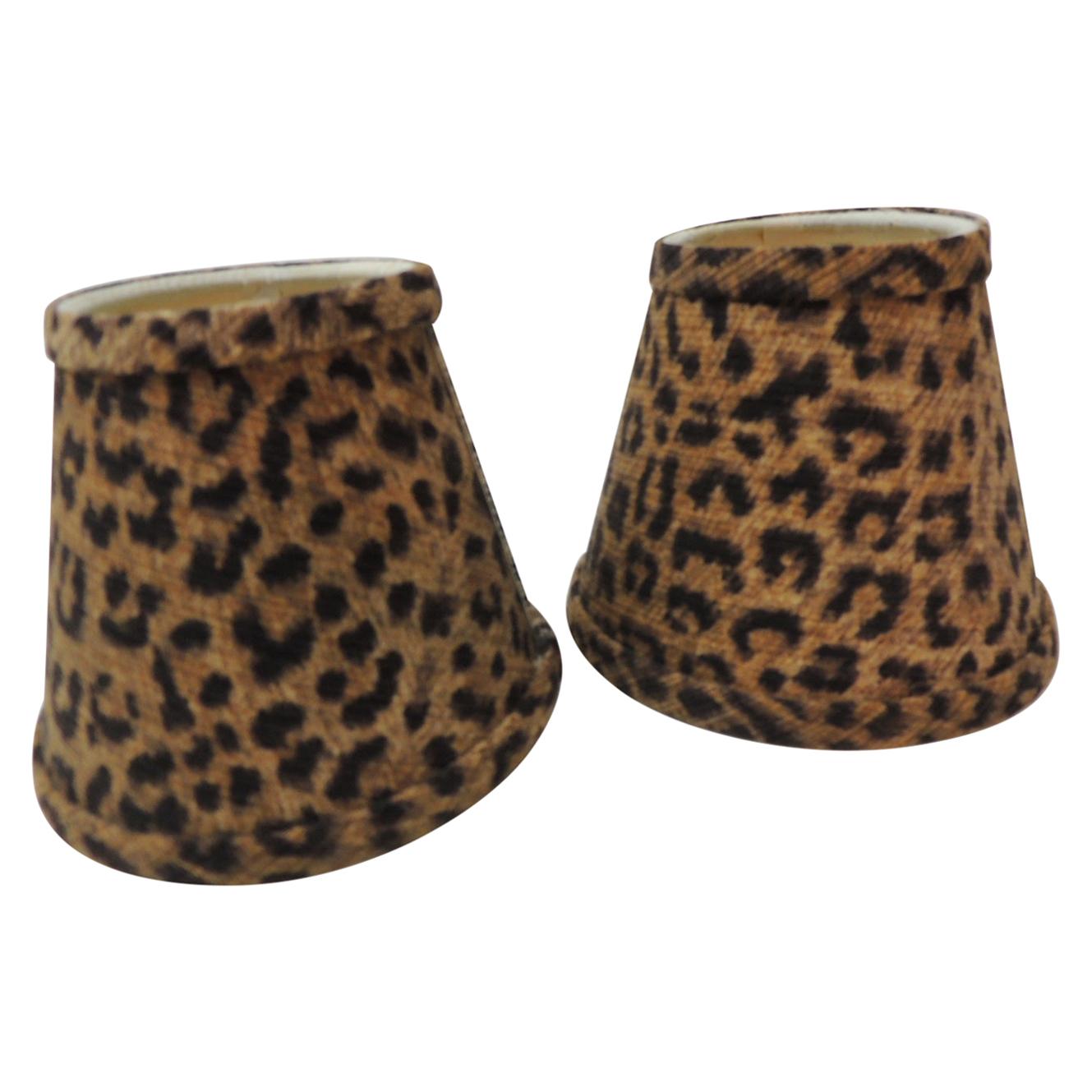 Set of Two Small Candelabras Leopards Cotton Fabric Woven Lamp Shades