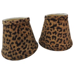 Set of Two Small Candelabras Leopards Cotton Fabric Woven Lamp Shades