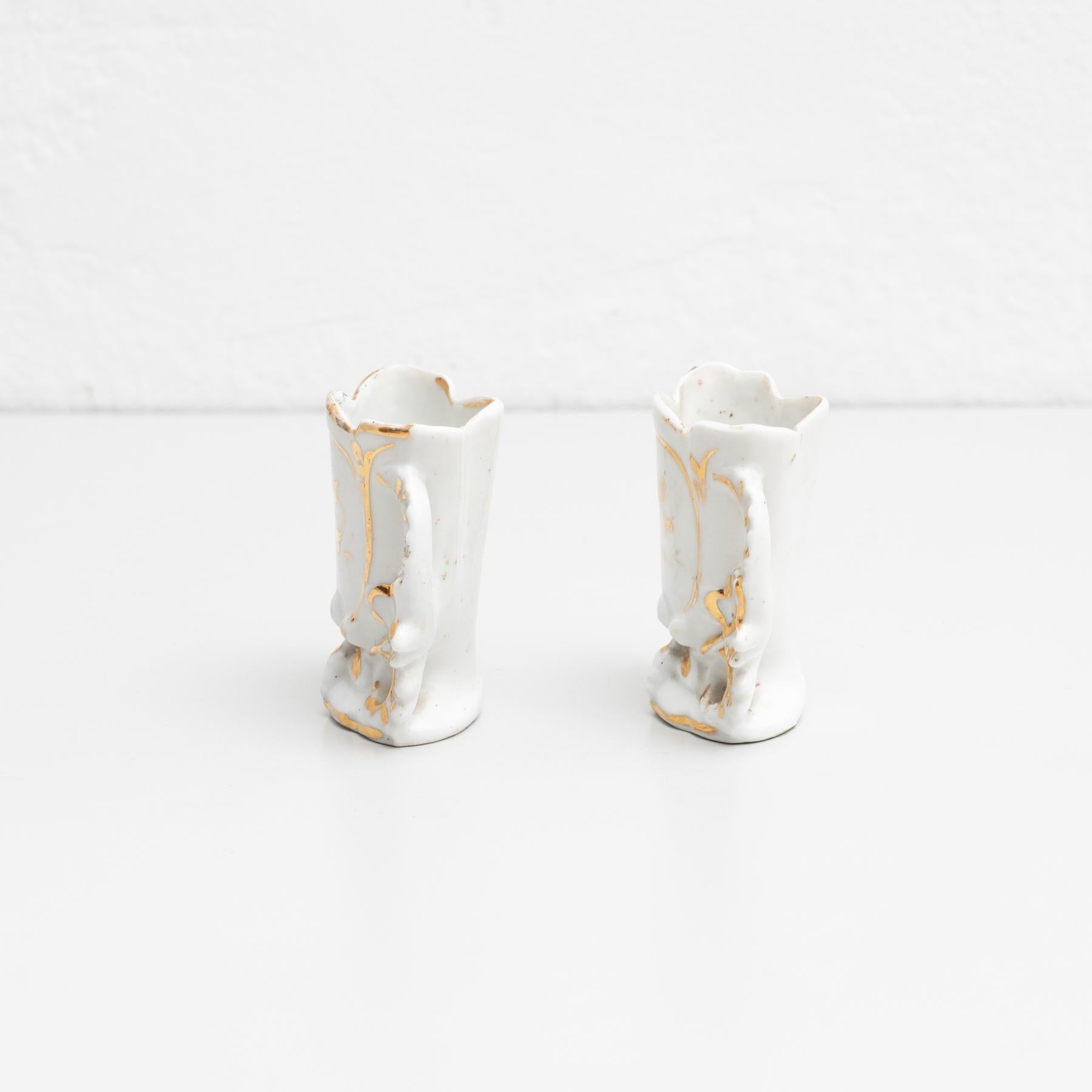 Porcelain Set of Two Small Late 19th Century Spanish Serves Style Vases For Sale