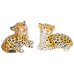 Set of Two Small Rare Ceramic Leopards Decorative Sculptures, Italy, 1960s