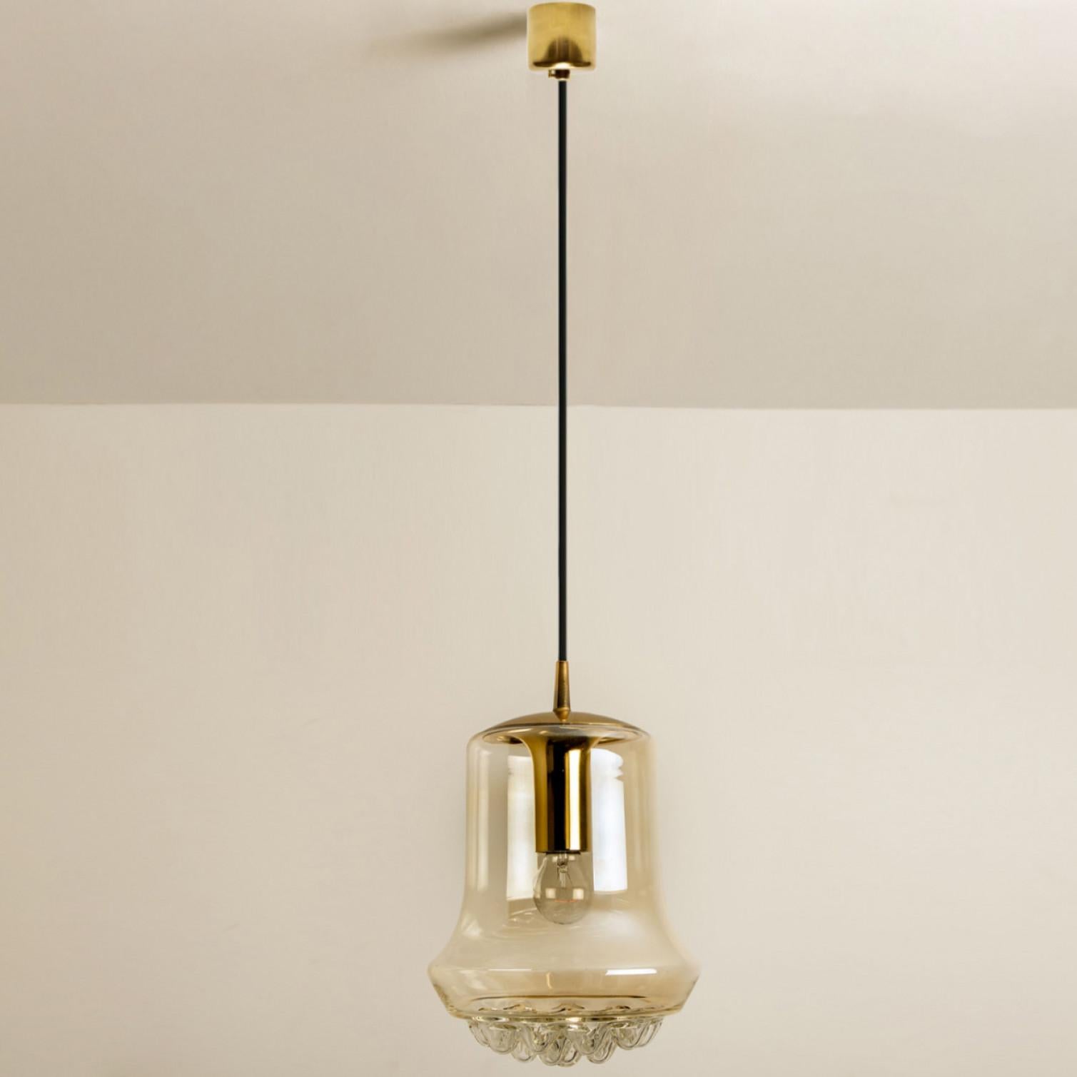 Mid-Century Modern Set of Two Smoked Brown Glass and Brass Pendant Lights by Peill and Putzler, 196 For Sale