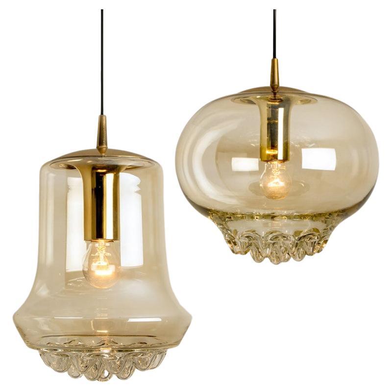 Set of Two Smoked Brown Glass and Brass Pendant Lights by Peill and Putzler, 196
