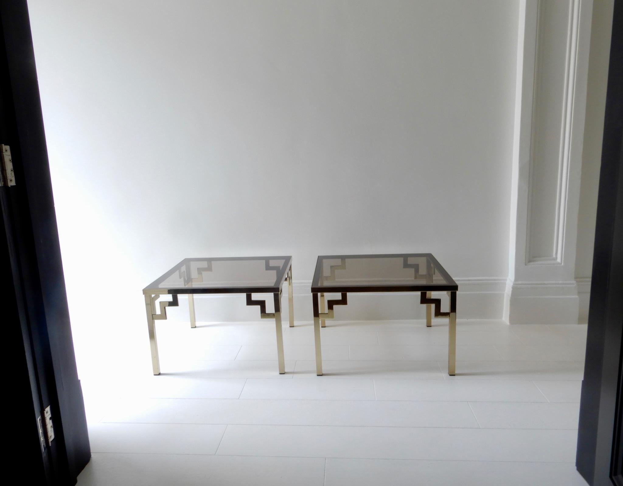 Italian Set of Two Smoked Glass and Brass Coffee Tables, 1970s