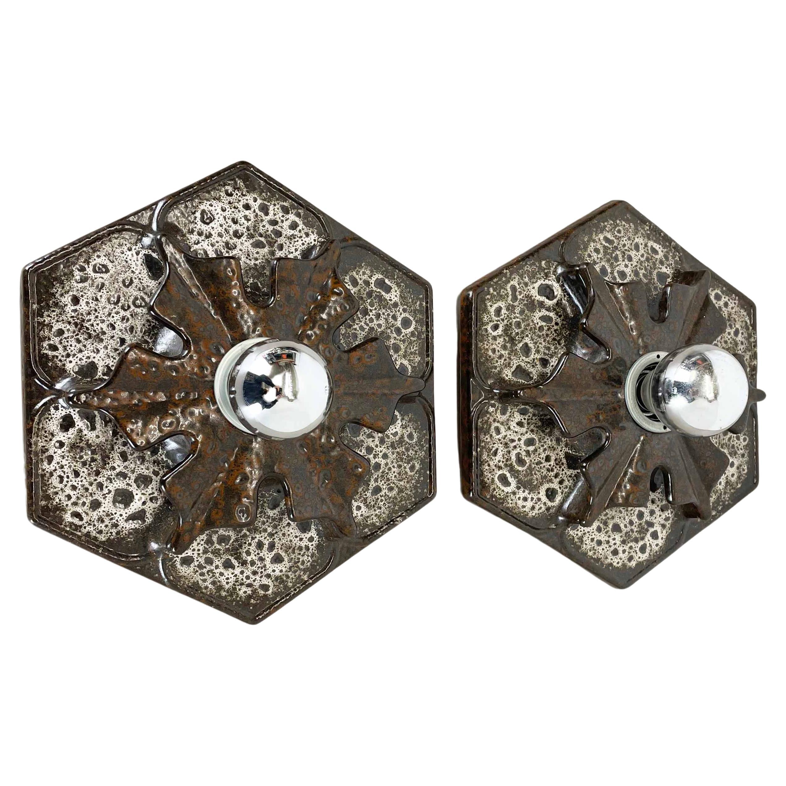 Set of Two "Snowflake" German Ceramic Fat Lava Wall Lights by Pan Ceramics, 1970 For Sale