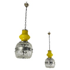 Set of two Space Age Pendant Lamps in yellow and worked Murano Glass, 1970s