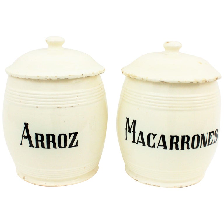 Set of Two Spanish 19th Century Large Ceramic Kitchen Canister Pots For