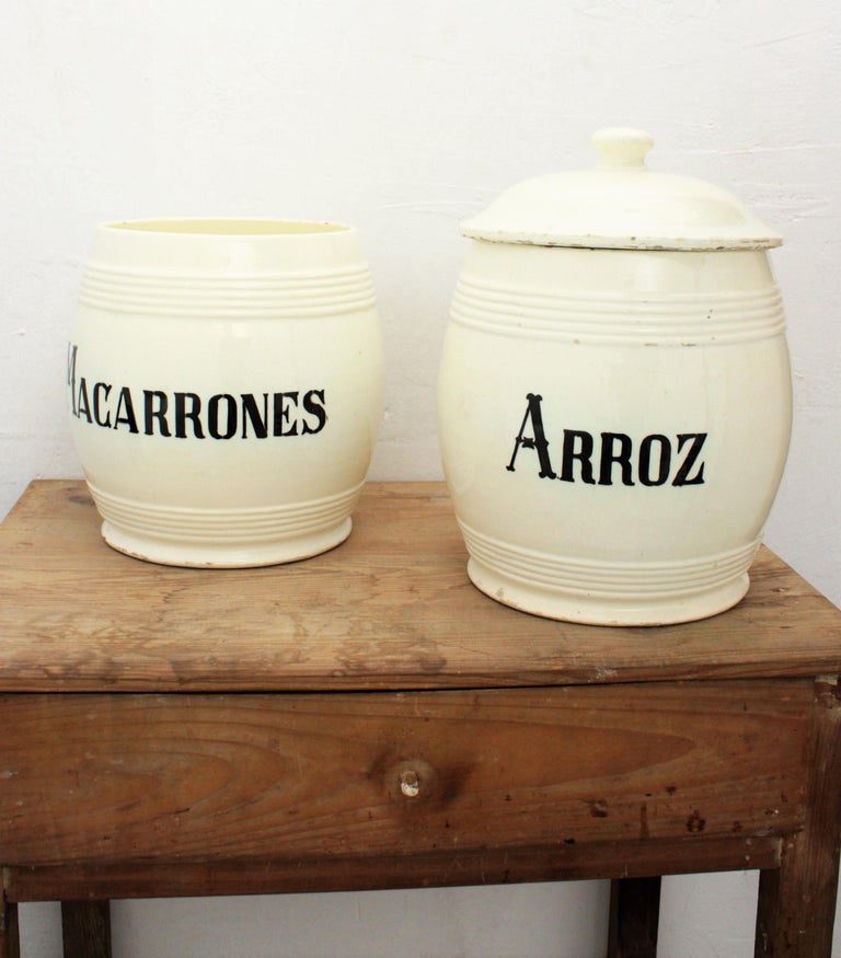 Set of Two Spanish 19th Century Large Ceramic Kitchen Canister Pots For