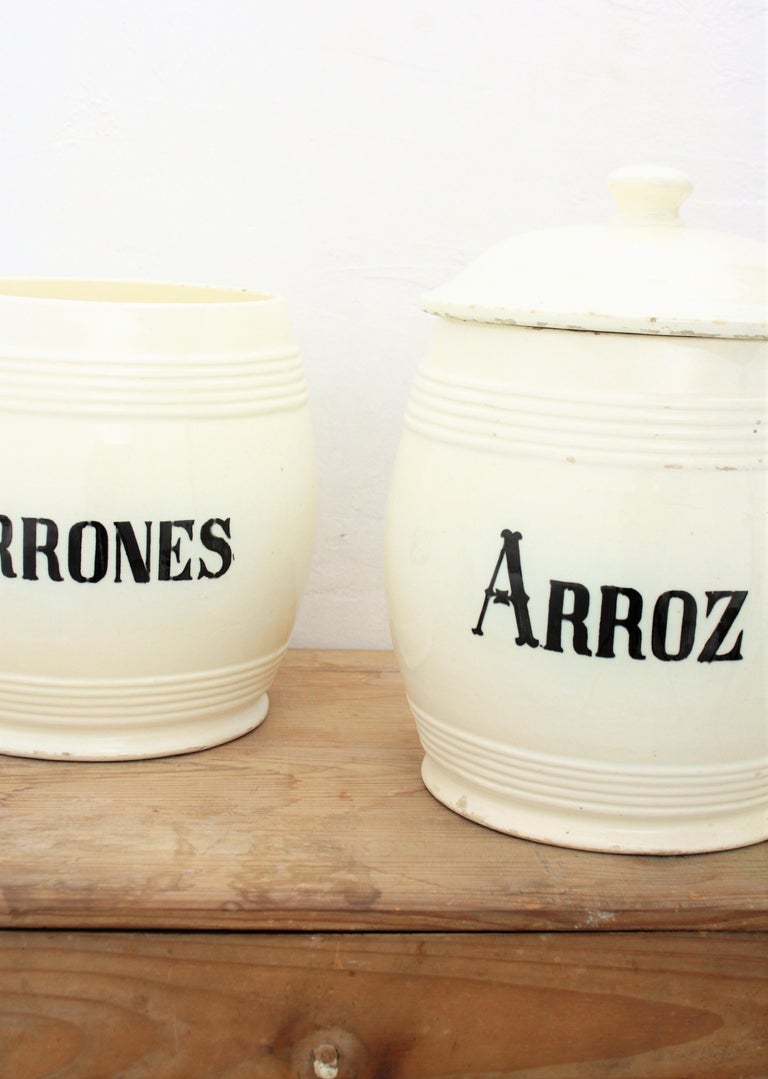Set of Two Spanish 19th Century Large Ceramic Kitchen Canister Pots For