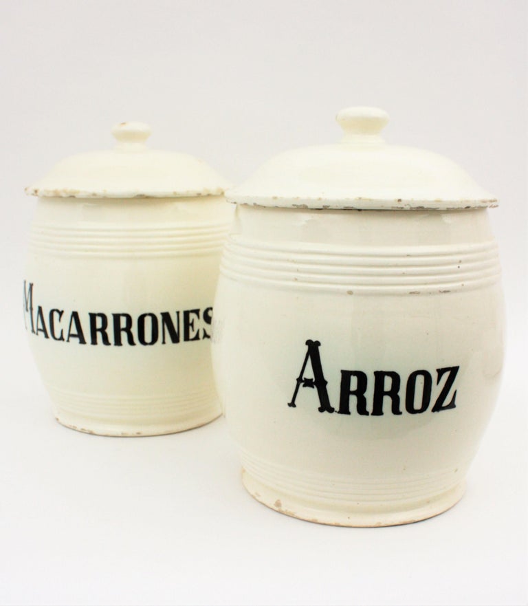 Set of Two Spanish 19th Century Large Ceramic Kitchen Canister Pots For