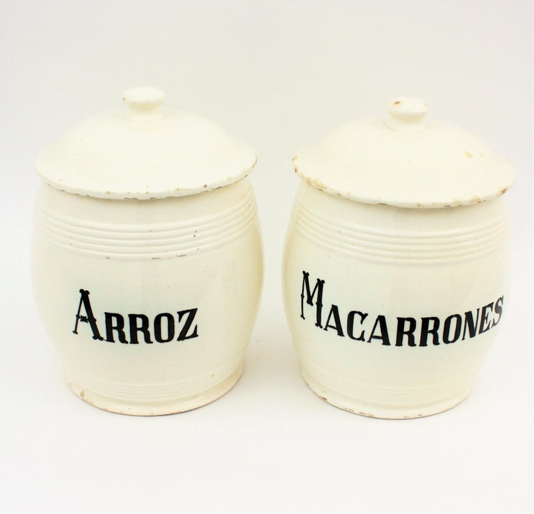 Set of Two Spanish 19th Century Large Ceramic Kitchen Canister Pots For
