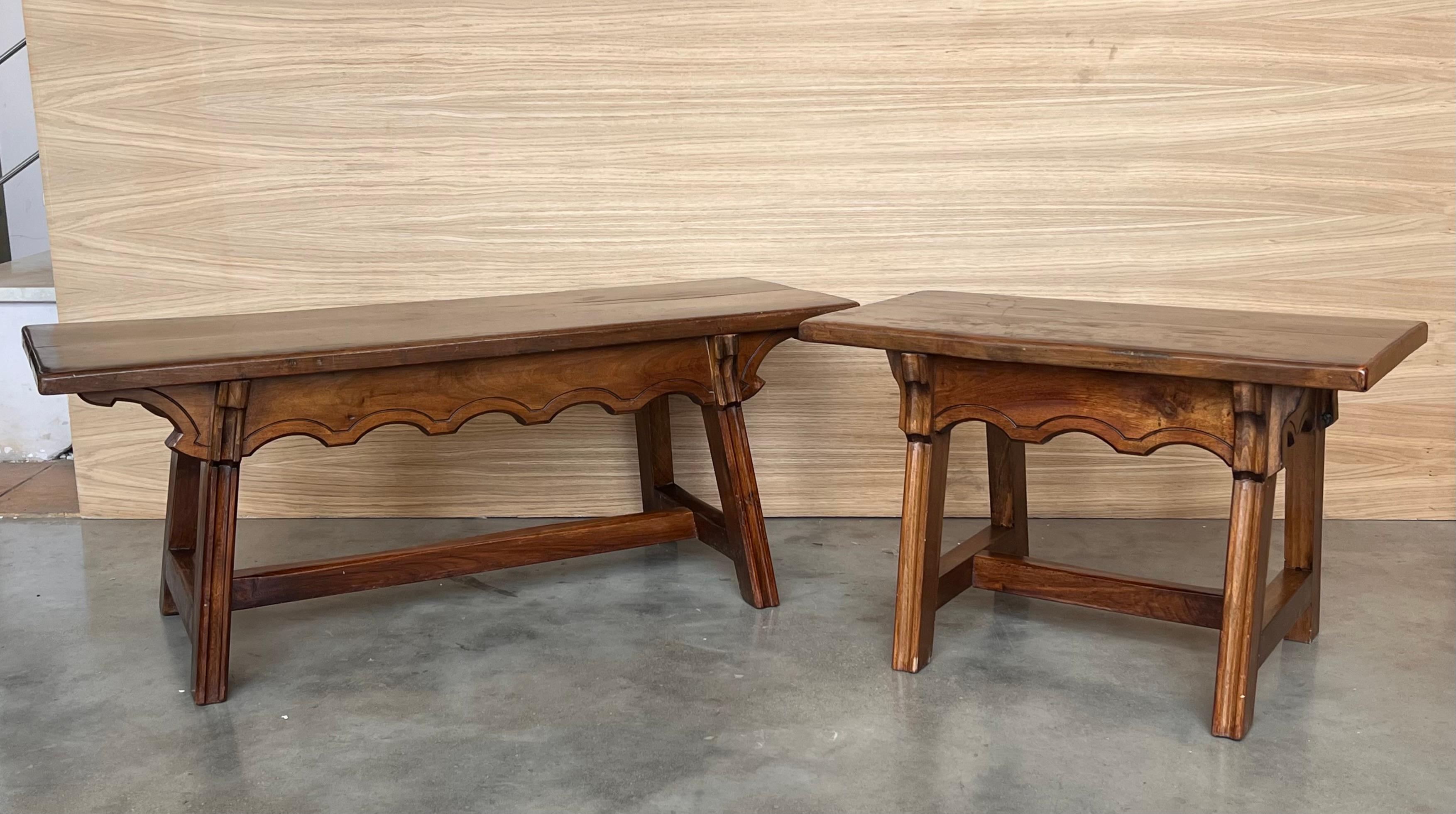 19th Century Set of two Spanish Baroque Side Tables with Wood Stretcher and rectangular top For Sale