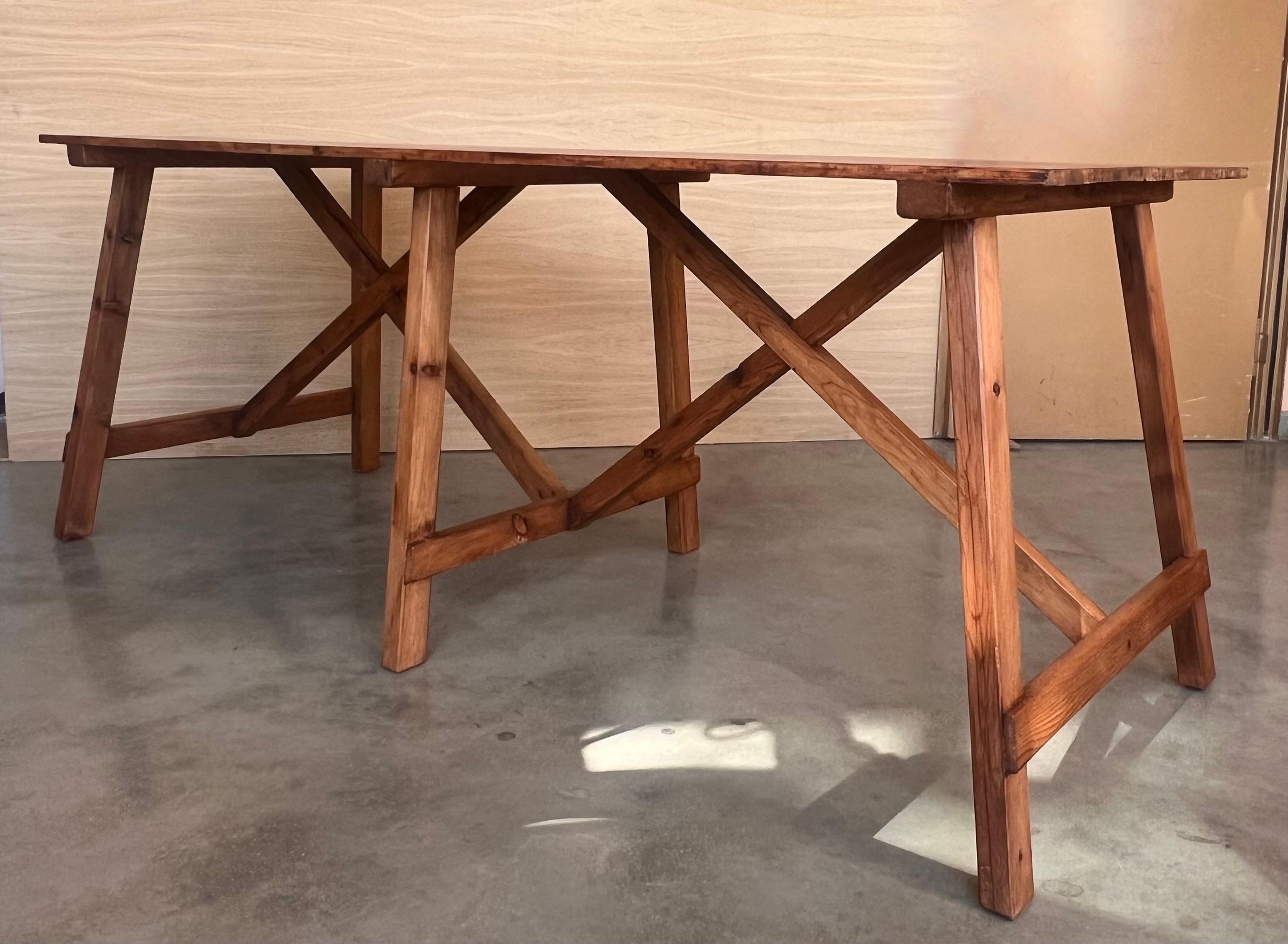 Set of Two Spanish Rustic Pine Dining Tables with Stretcher For Sale 5