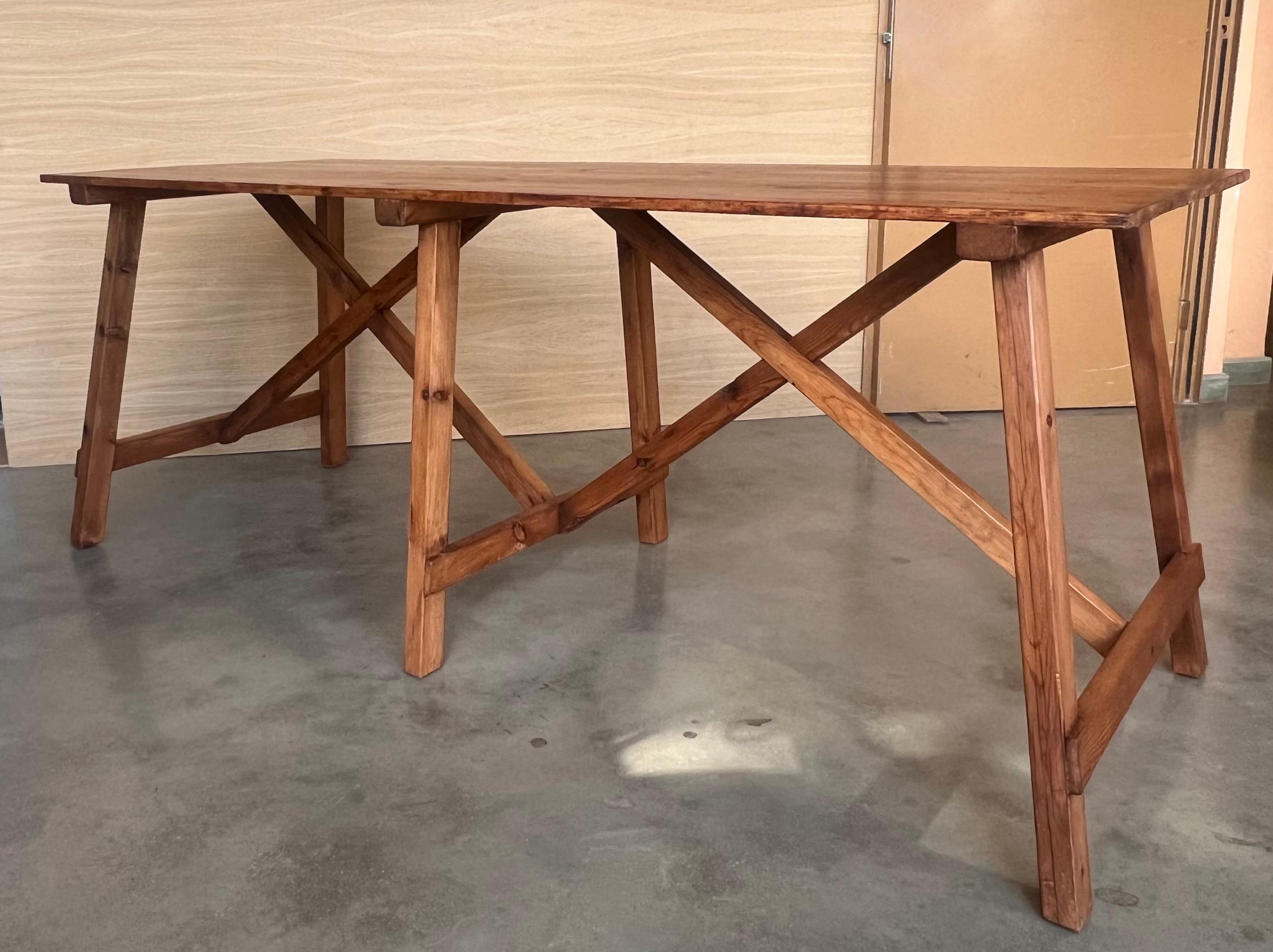 Set of Two Spanish Rustic Pine Dining Tables with Stretcher For Sale 6