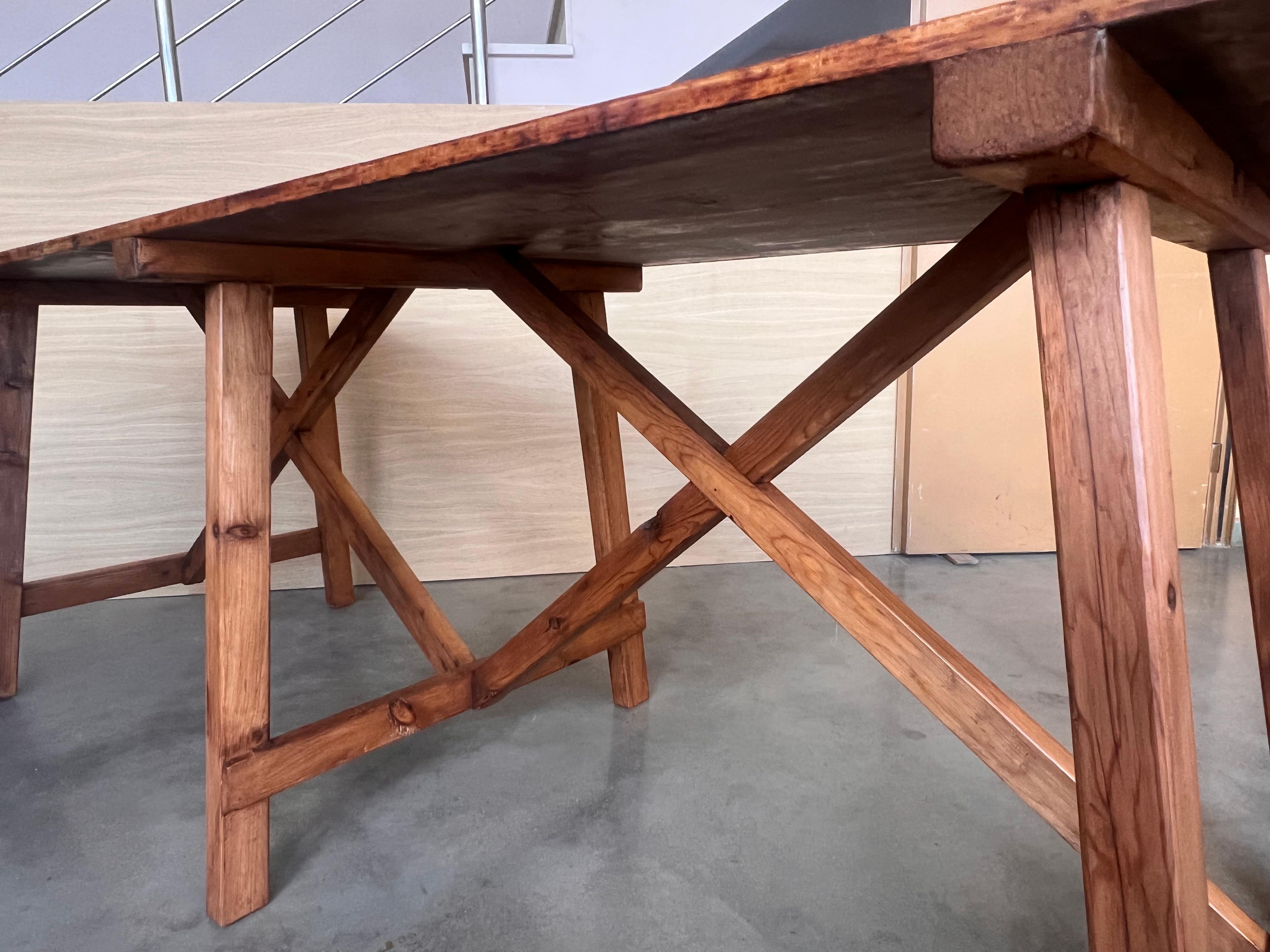 Set of Two Spanish Rustic Pine Dining Tables with Stretcher For Sale 7