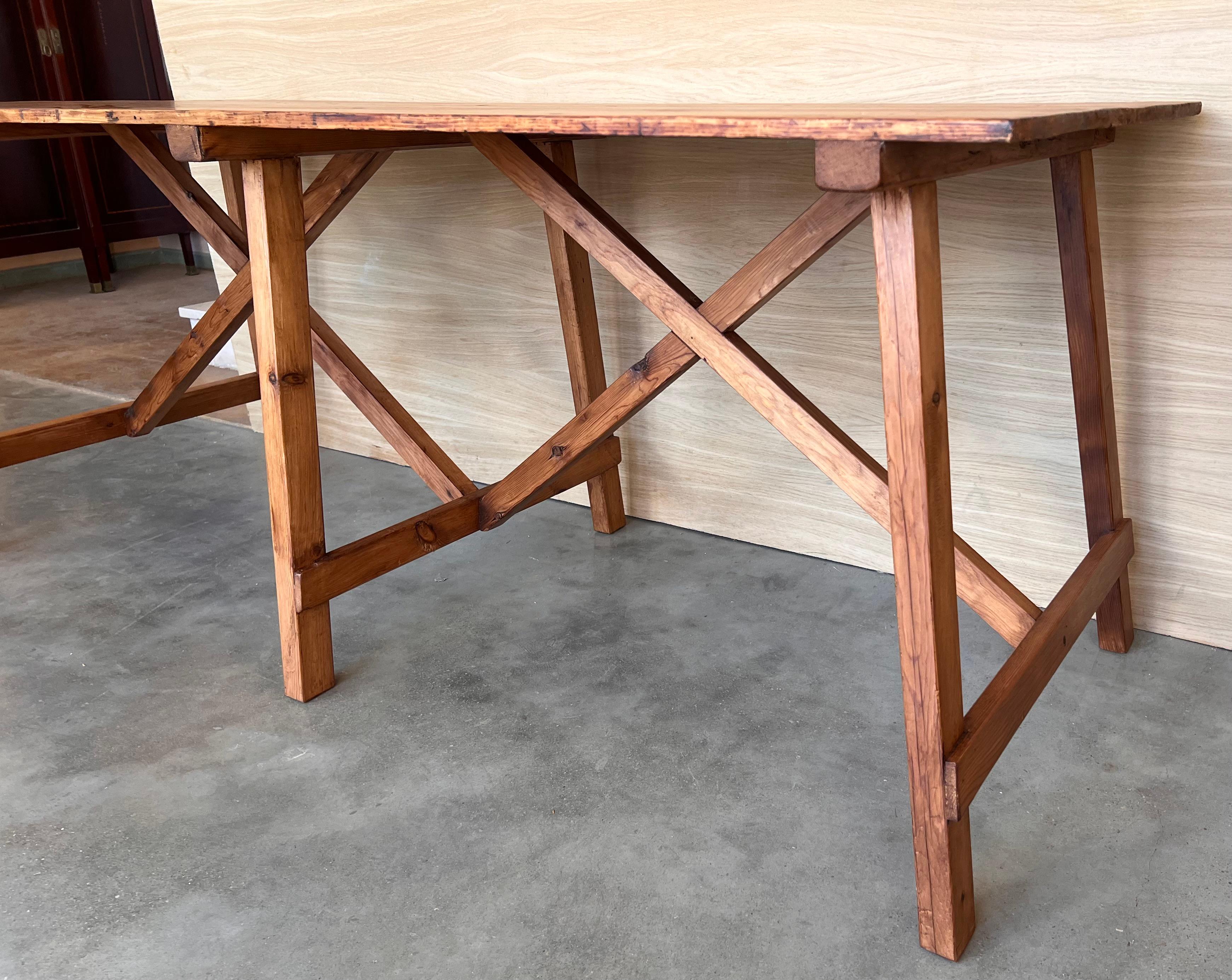 Spanish Colonial Set of Two Spanish Rustic Pine Dining Tables with Stretcher For Sale