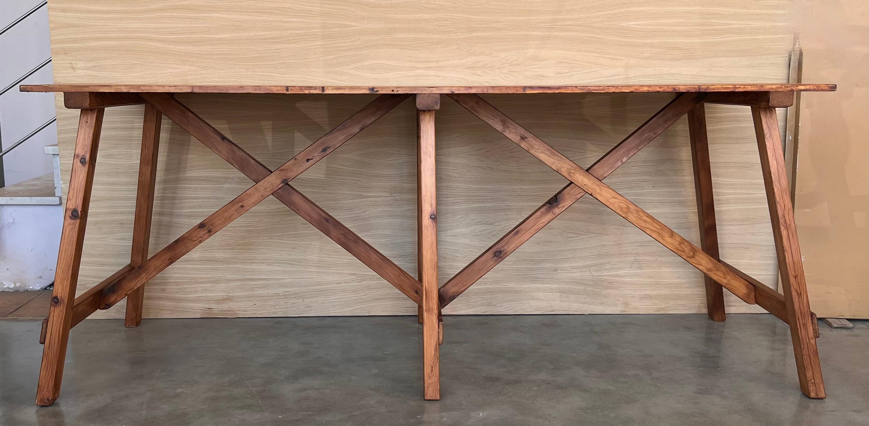 20th Century Set of Two Spanish Rustic Pine Dining Tables with Stretcher For Sale
