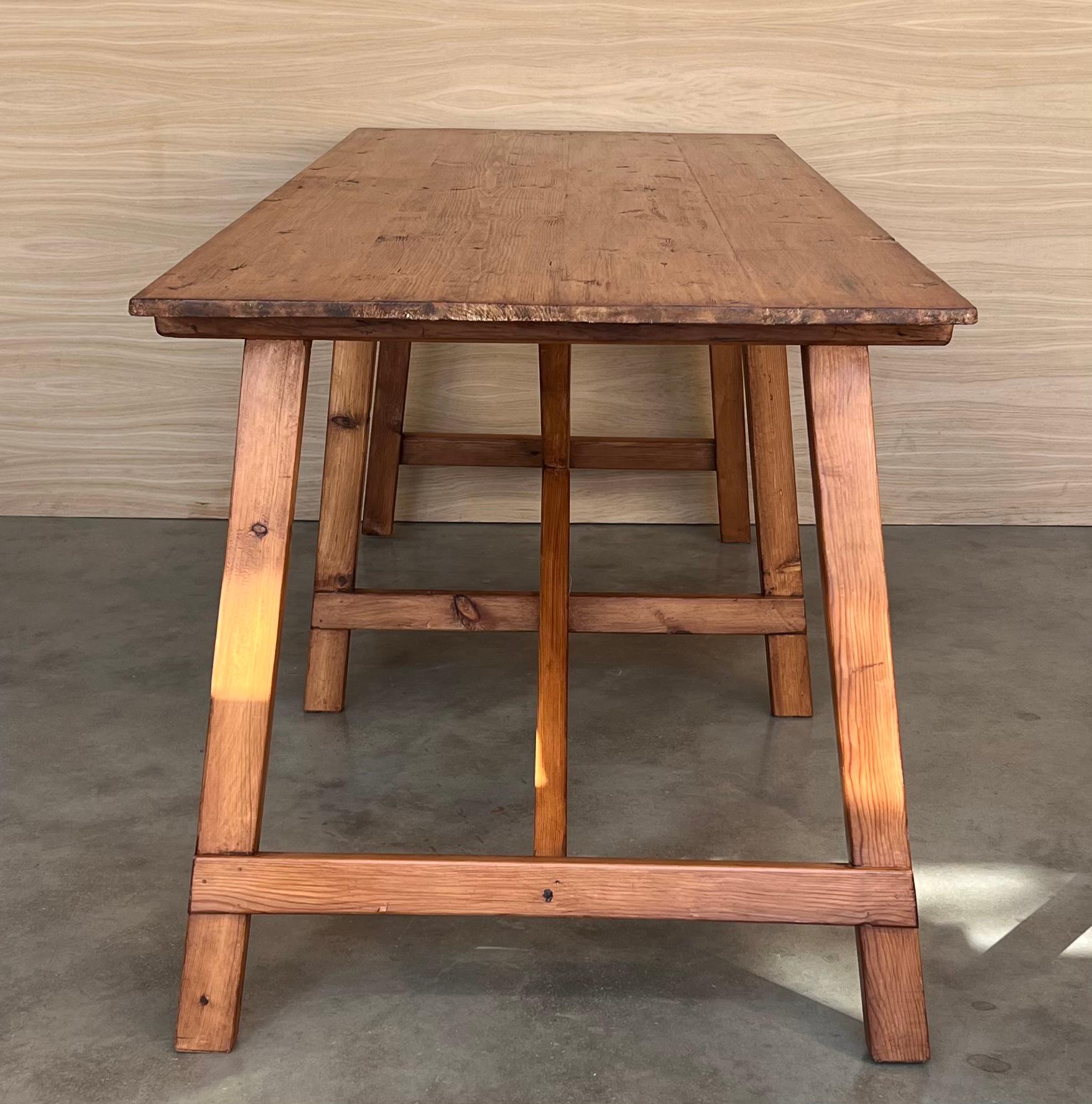 Set of Two Spanish Rustic Pine Dining Tables with Stretcher For Sale 1